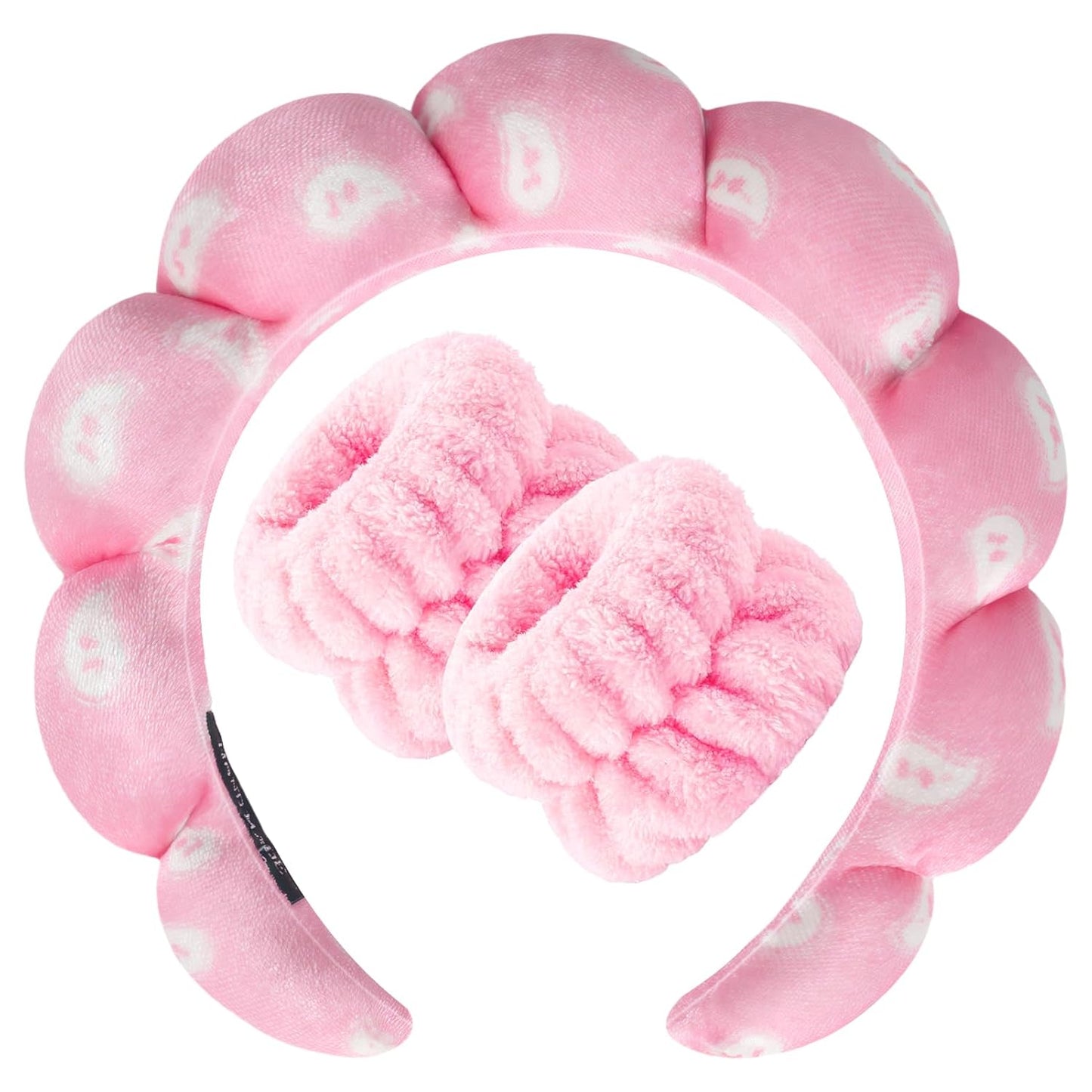 Zkptops Spa Headband for Washing Face Wristband Set Sponge Makeup Skincare Velvet Fabric Bubble Soft Get Ready Hairbands for Women Puffy Headwear Non Slip Thick Thin Hair Accessory (Pink Nuts)