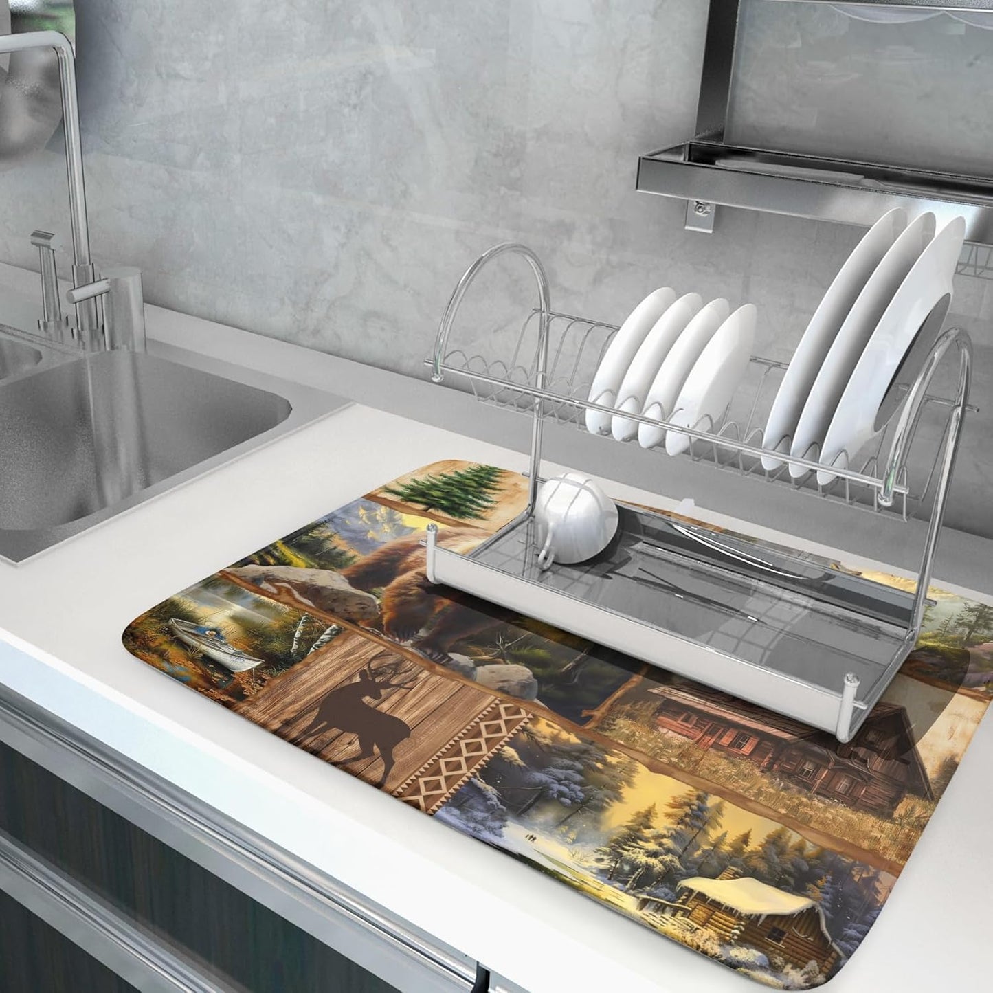 Bear Deer Fox Dish Drying Mat Rustic Cabin Lodge Dish Drainer Mats 18x24 Inch Absorbent Washable Dishes Rack Pad for Sink Kitchen Counter