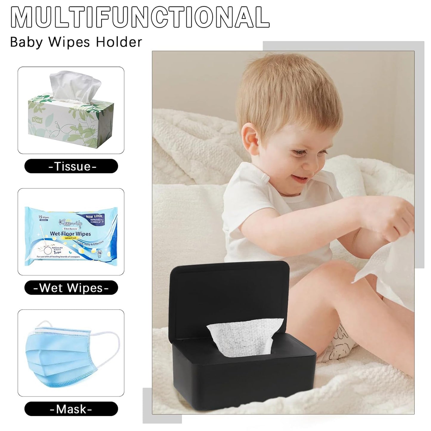 Diaper Wipes Dispenser Wipes Holder, Wipes Tissue Case Keeps Wipes Fresh Tissue Wipes Container with Lid (Black)