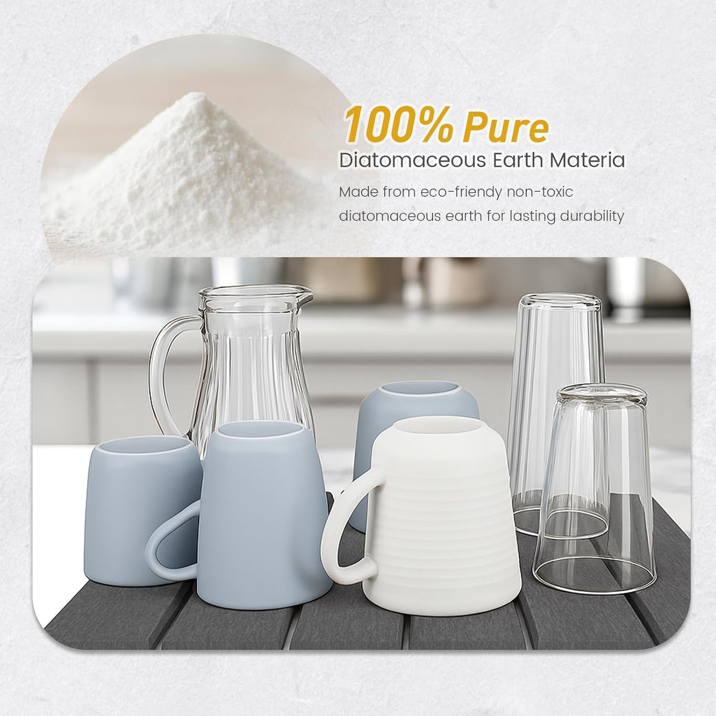 2 PCS Stone Dish Drying Mats for Kitchen Counter, Foldable Non-Slip Diatomaceous Earth Pad Set (12"x16" Each, Gray) - Super Absorbent Quick Dry Mat for Kitchen & Bathroom Counter, Sink - Dishes Cups