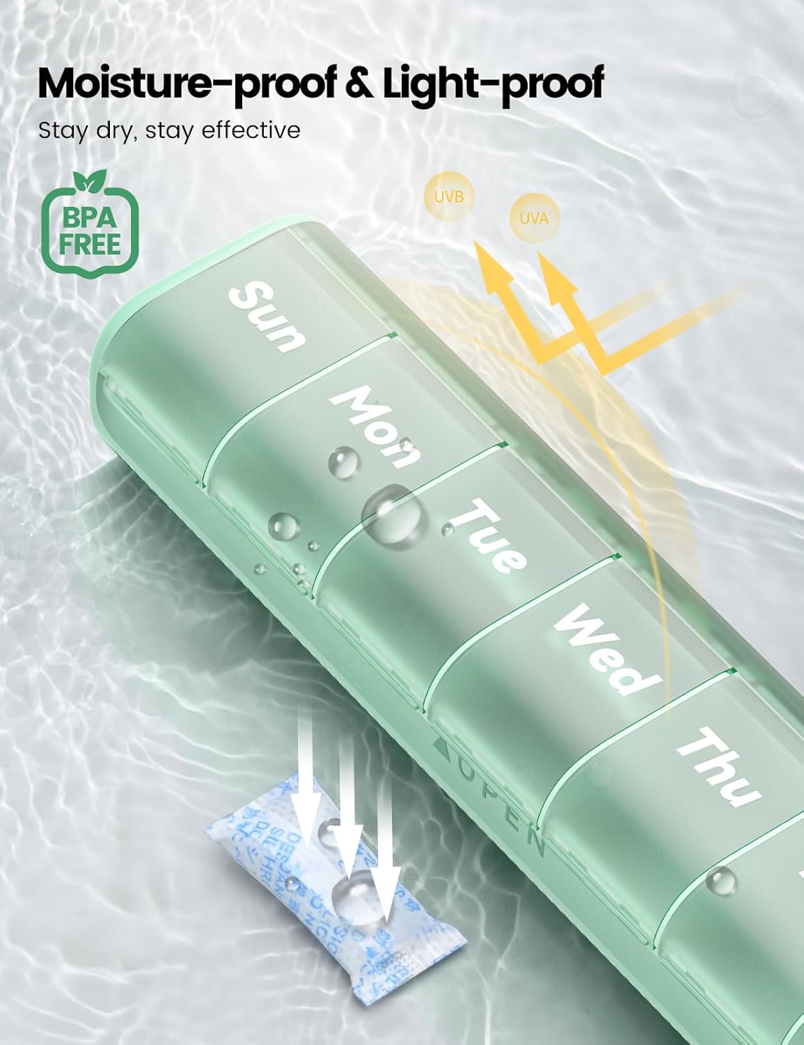 Weekly Medicine Pill Organizer, 7 Day Daily Pill Box Case Travel with Portable Handle, Moisture-Proof Desiccant & Secure Hinges for Vitamins, Medication Supplements