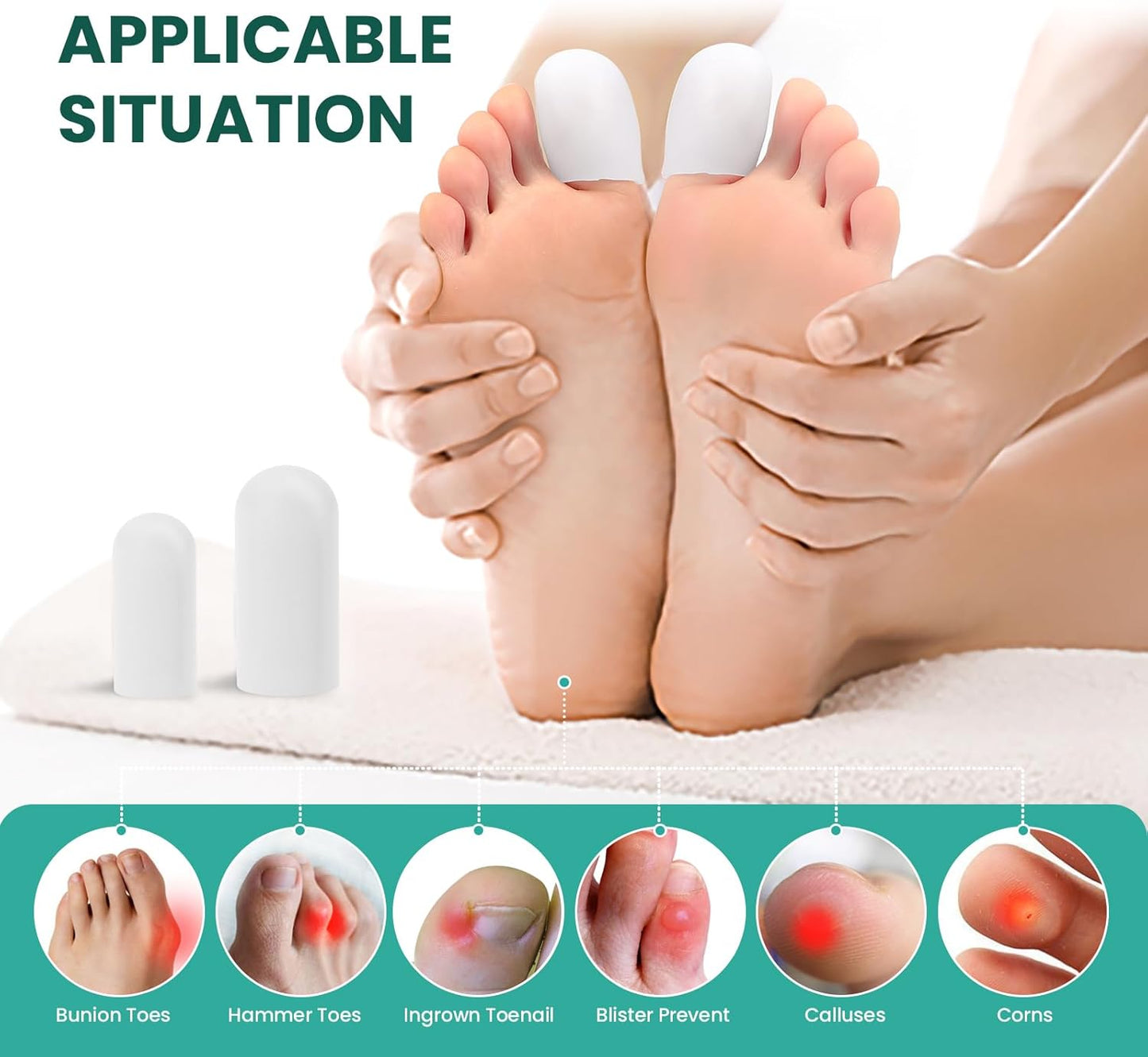 Welnove Gel Toe Cap and Protector - Silicone Toe Covers - Toe Cushions for Pain Relief, Missing or Ingrown Toenails, Corns, Calluses, Blisters (4 Large + 8 Medium, White)