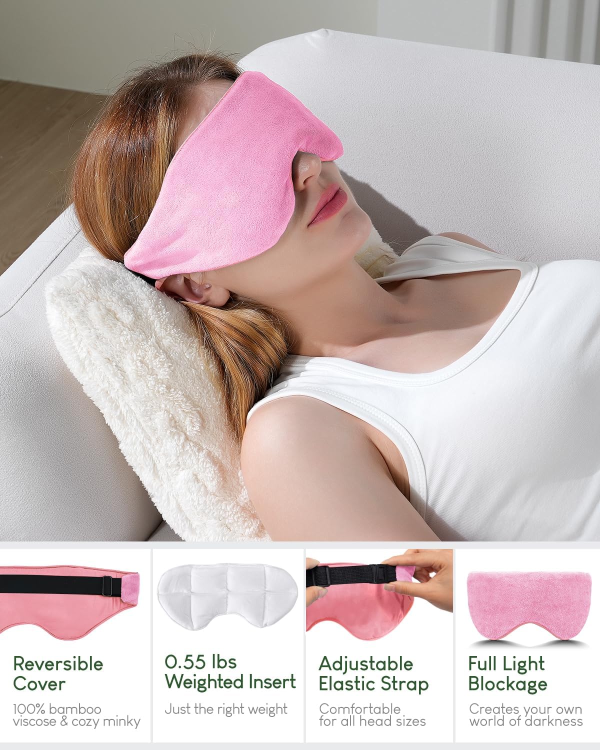 Sivio Weighted Eye Mask for Women & Men, Heatable and Freezable Weighted Eye Pillow with Silica Beads & Adjustable Strap, Soft Breathable Cotton Eye Cover for Sleeping Faster and Better, Pink