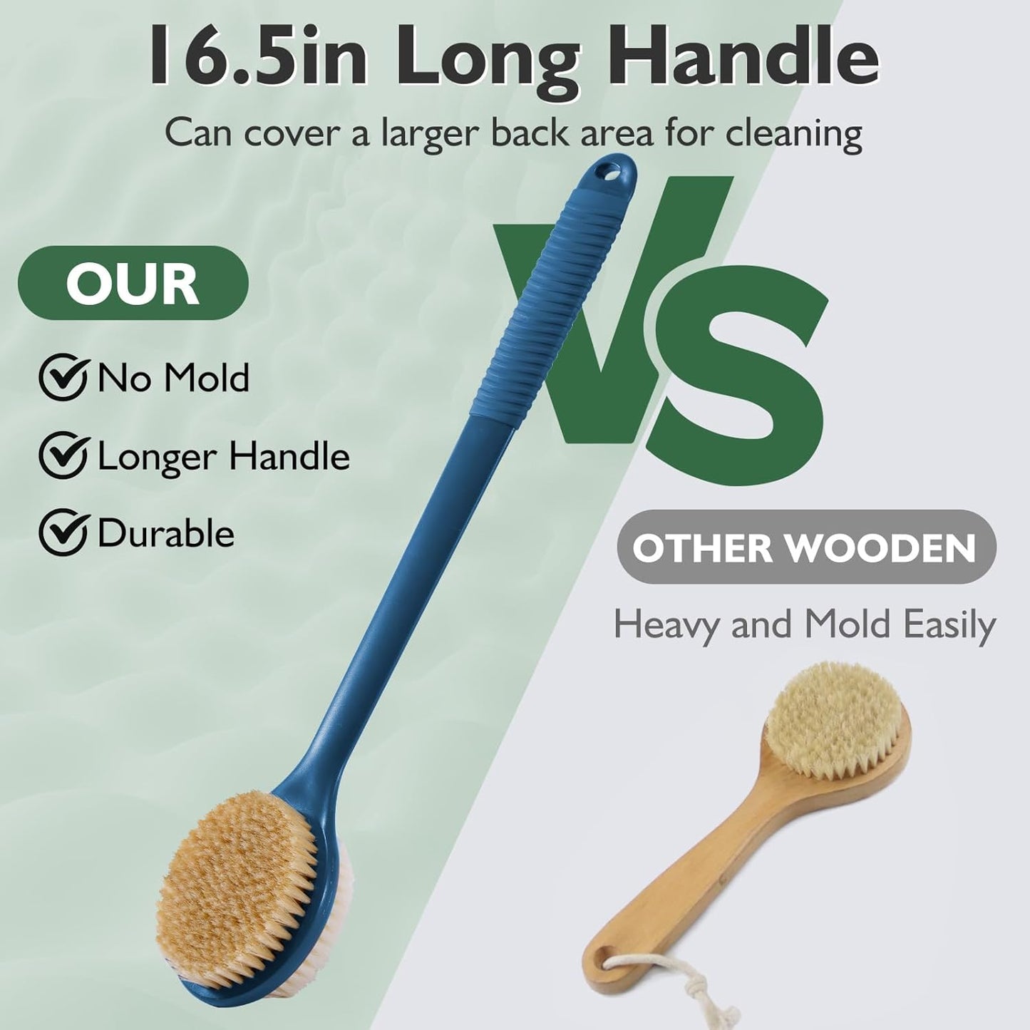 VANZAVANZU 17 Inch Anti-Slip Long Handle Back Scrubber for Shower – Dual-Sided Shower Brush and Shower Back Scrubber with Soft and Stiff Bristles for Wet or Dry Brushing (Navy Blue)