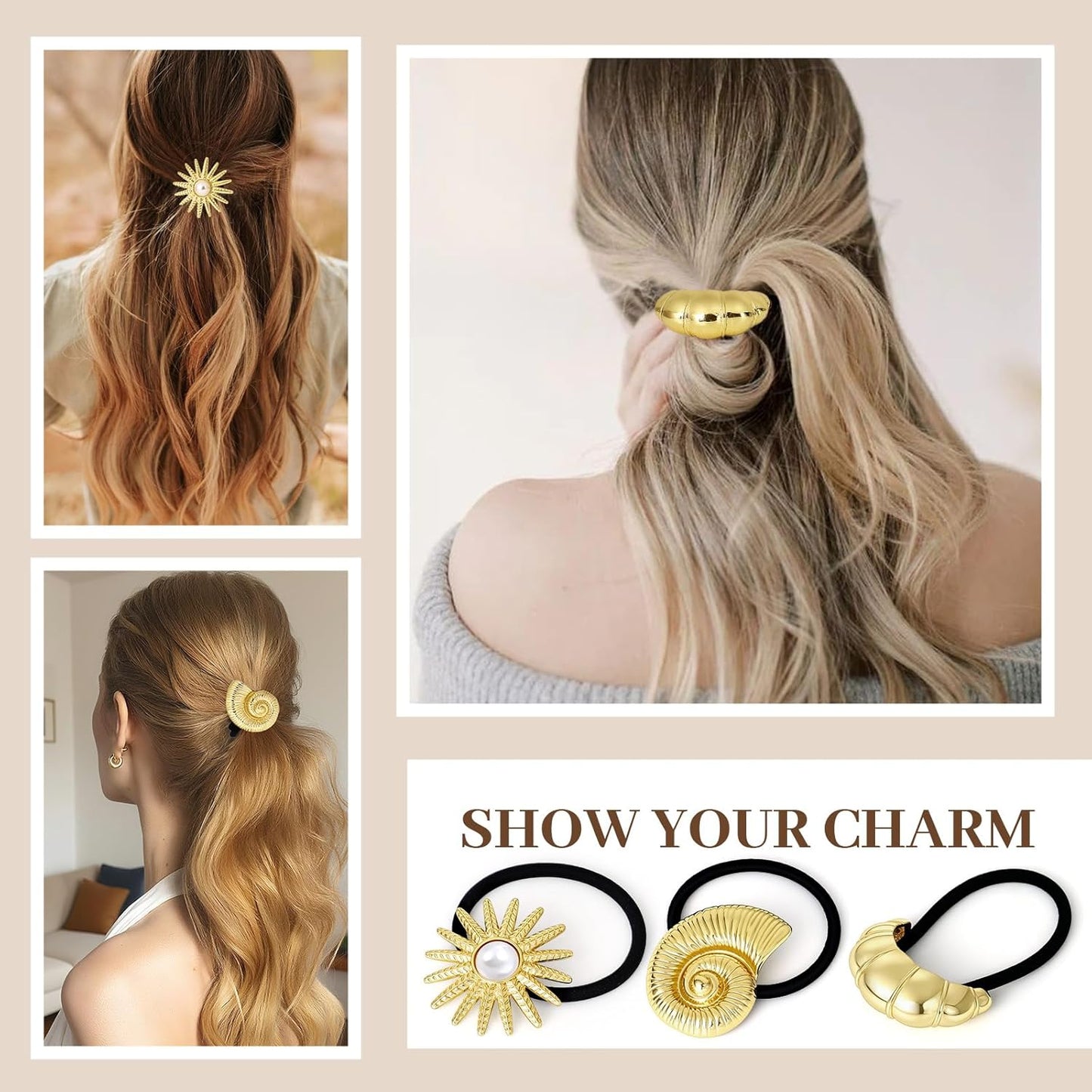 3PCS Gold Hair Ties, Metal Hair Ties for Thick Hair, Gold Ponytail Cuff Elegant Durable Geometric Design, Hair Accessories for Women, Stretchy & Non Damage Ponytail Holders with Pendant Holiday Gifts