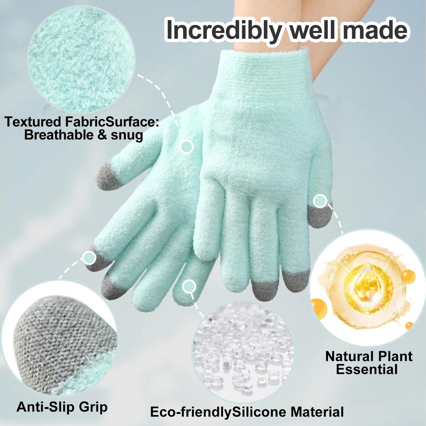 MoyRetty Touchscreen Silicone Moisturizing Gloves for Dry Hands Overnight, Reusable Hand Spa Gloves with Vitamin E & Jojoba Oil(Green)
