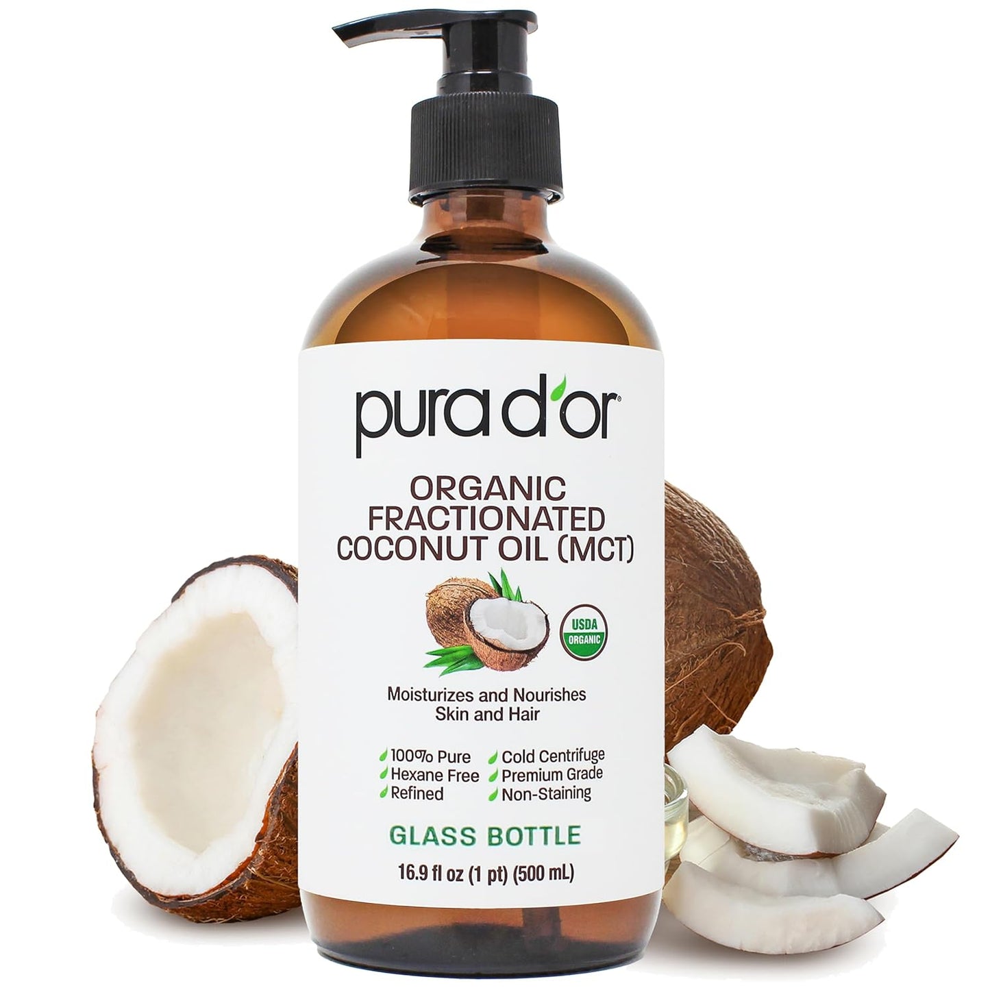 PURA D'OR 16.9 Oz ORGANIC Fractionated Coconut Oil MCT Oil (GLASS BOTTLE) 100% Pure & Natural USDA Certified Cold Pressed - Unscented, Hexane Free Moisturizer For Face, Skin & Hair Tonic - Men & Women
