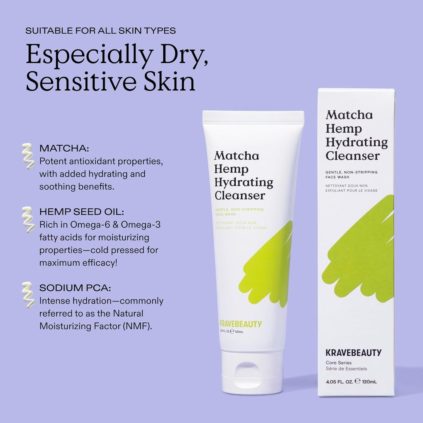 KraveBeauty Matcha Hemp Hydrating Cleanser - Daily Gentle Non-Stripping Face Wash Enriched with Matcha and Hemp Seed Oil, for All Skin Types, Vegan and Cruelty Free, 4.05 fl oz