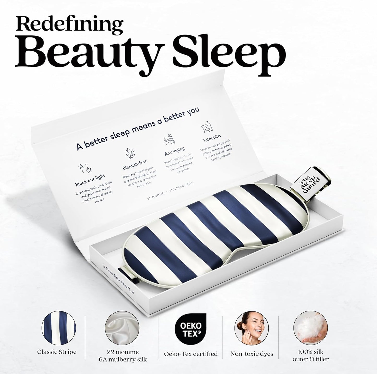 TheSleepGuard Pure Silk Sleep Mask [100% 6A Mulberry Silk, 22 Momme] Light Blocking Travel Essentials. Eye Masks for Sleeping. Black Oeko-Tex Blindfold. Eye Covers for Men & Women