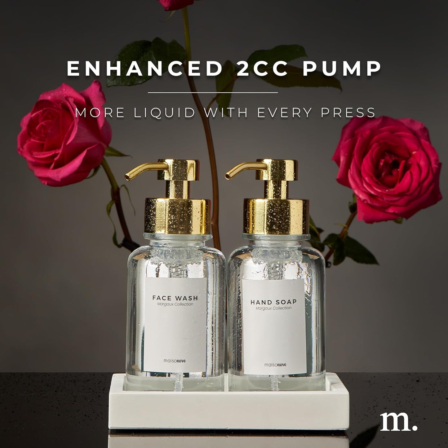 MaisoNovo Glass Foaming Soap Dispenser | Clear Glass Gold Pumps x 2 with Tray