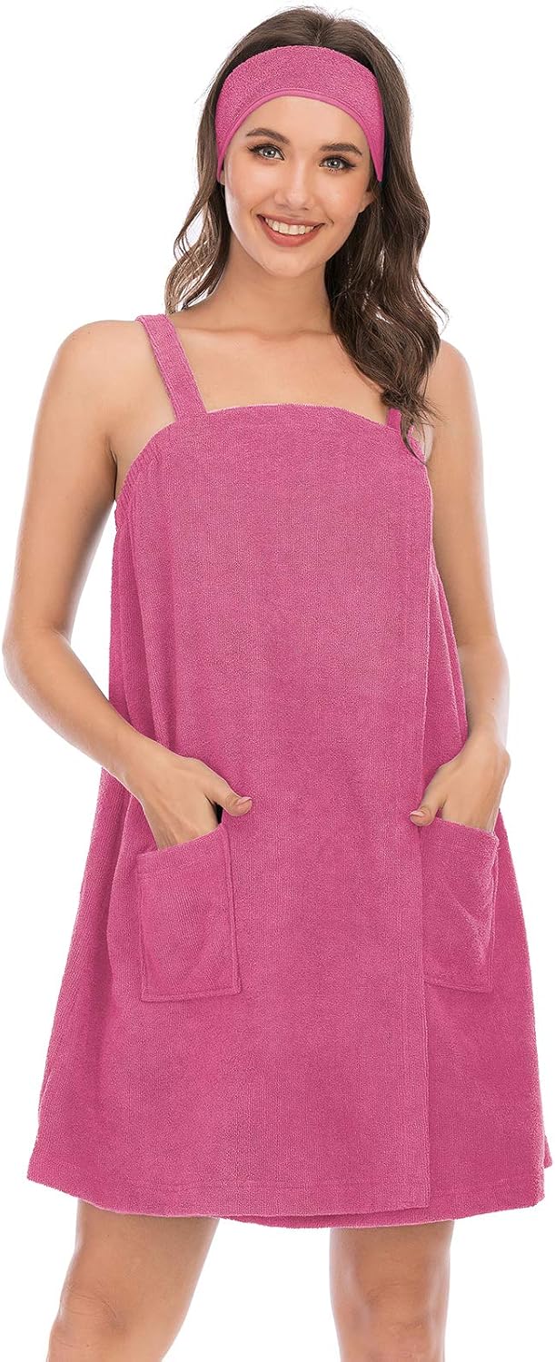 Veseacky Women Bath Wrap Towel for Womens Shower with Pocket Adjustable Spa Robe & Facial Headband