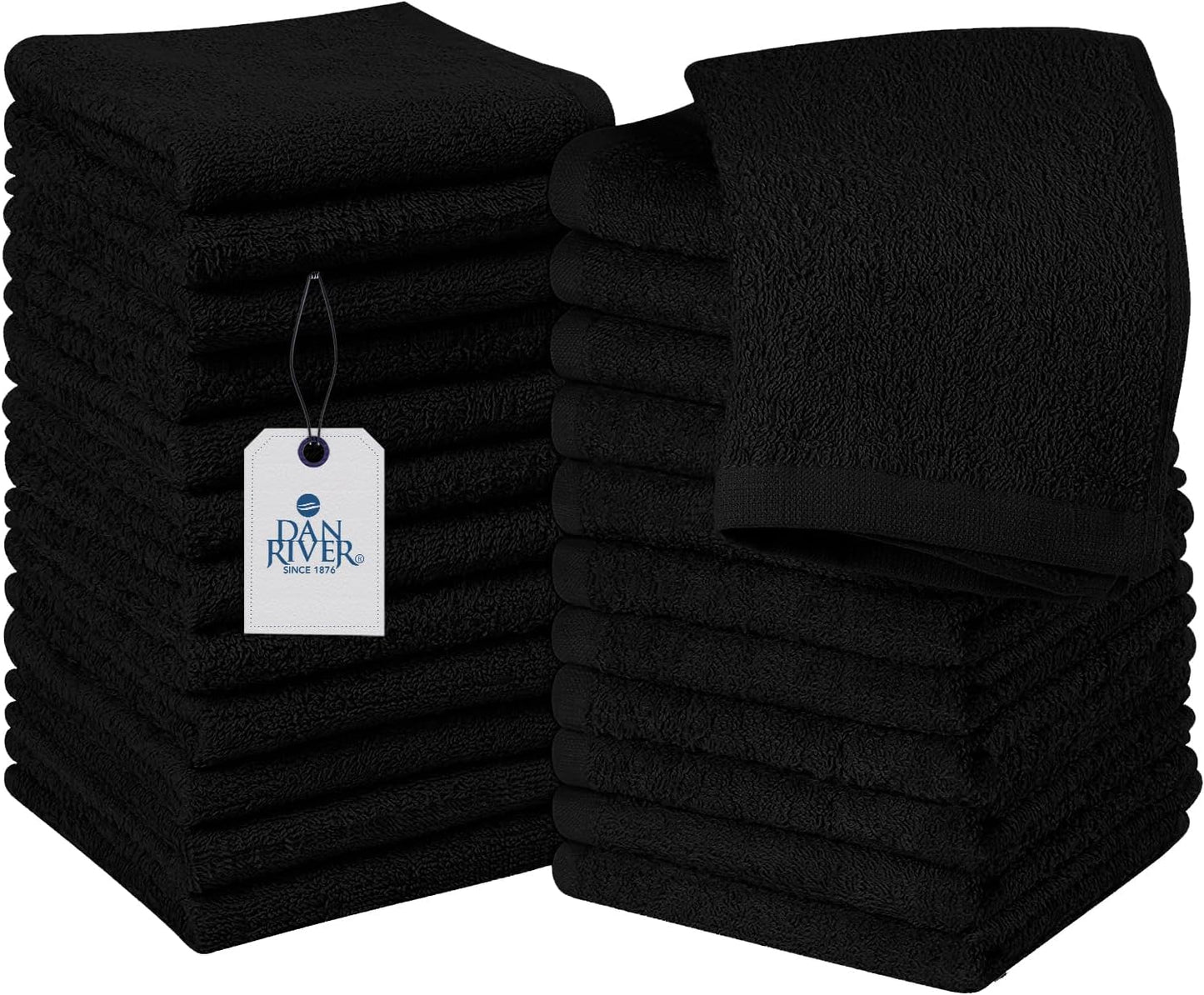 DAN RIVER 100% Cotton Wash Cloths 24 Pack [12x12] Soft & Absorbent wash Cloths for Body, Gym, Hotels & Spa Perfect for Everyday Use Fingertip Towels, Black