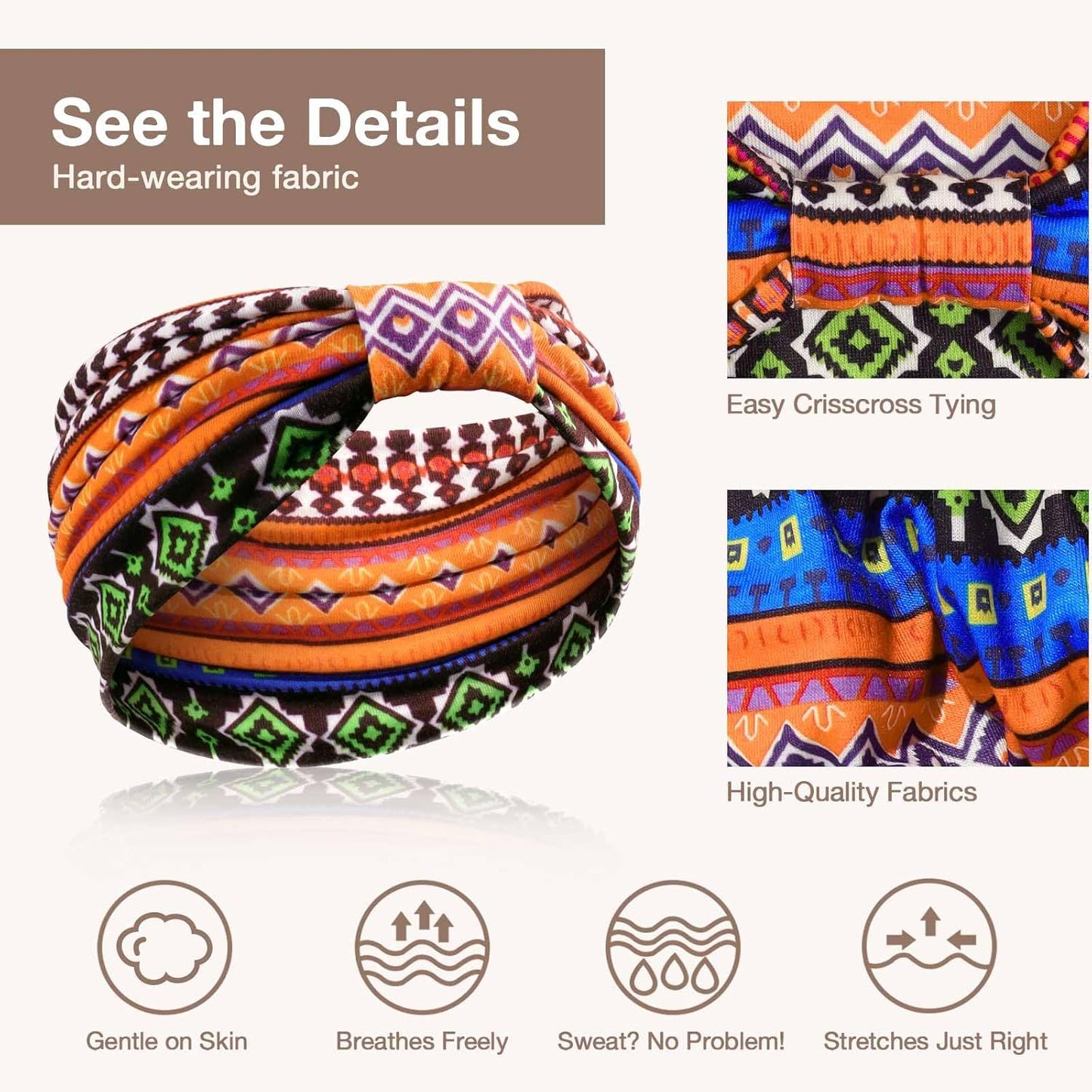 Wide Headbands for Women Knotted No Slip Head Bands Soft Turban Headband Hair Accessories Boho African Solid Color Head Wraps for Women Yoga Workout Pack of 6 (Retro)