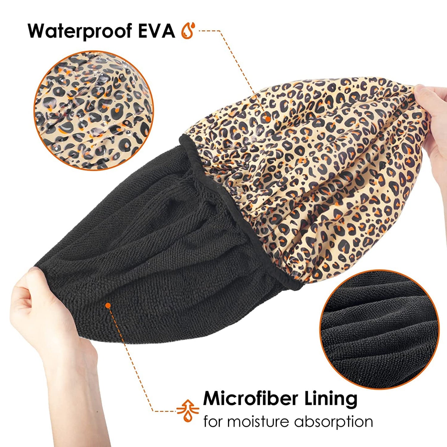 Auban Shower Cap, Shower Cap for Women Terry Cloth Lined EVA Exterior Reusable Double Layer Waterproof, Large Bath Hair Cap, Hotel Travel Essentials Accessories Cleaning Supplies (Leopard)