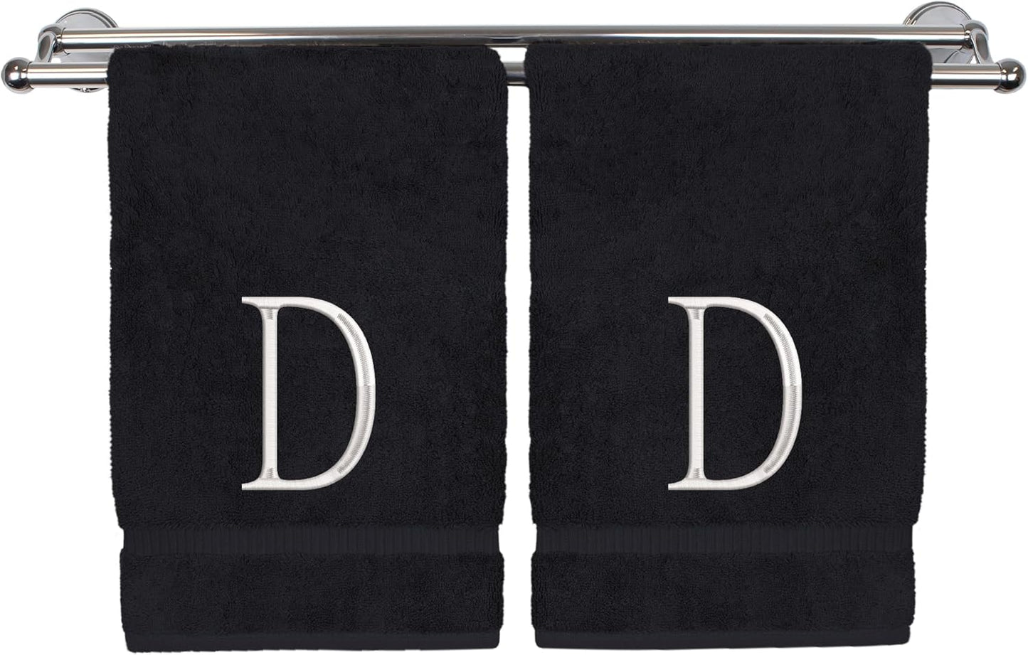 Monogrammed Hand Towel, Personalized Initial Gift, Extra Absorbent 100% Turkish Cotton - Soft Terry Finish - Set of 2 - White Block Initial D - Embroidered on Black Towels