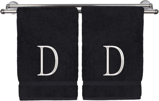Monogrammed Hand Towel, Personalized Initial Gift, Extra Absorbent 100% Turkish Cotton - Soft Terry Finish - Set of 2 - White Block Initial D - Embroidered on Black Towels