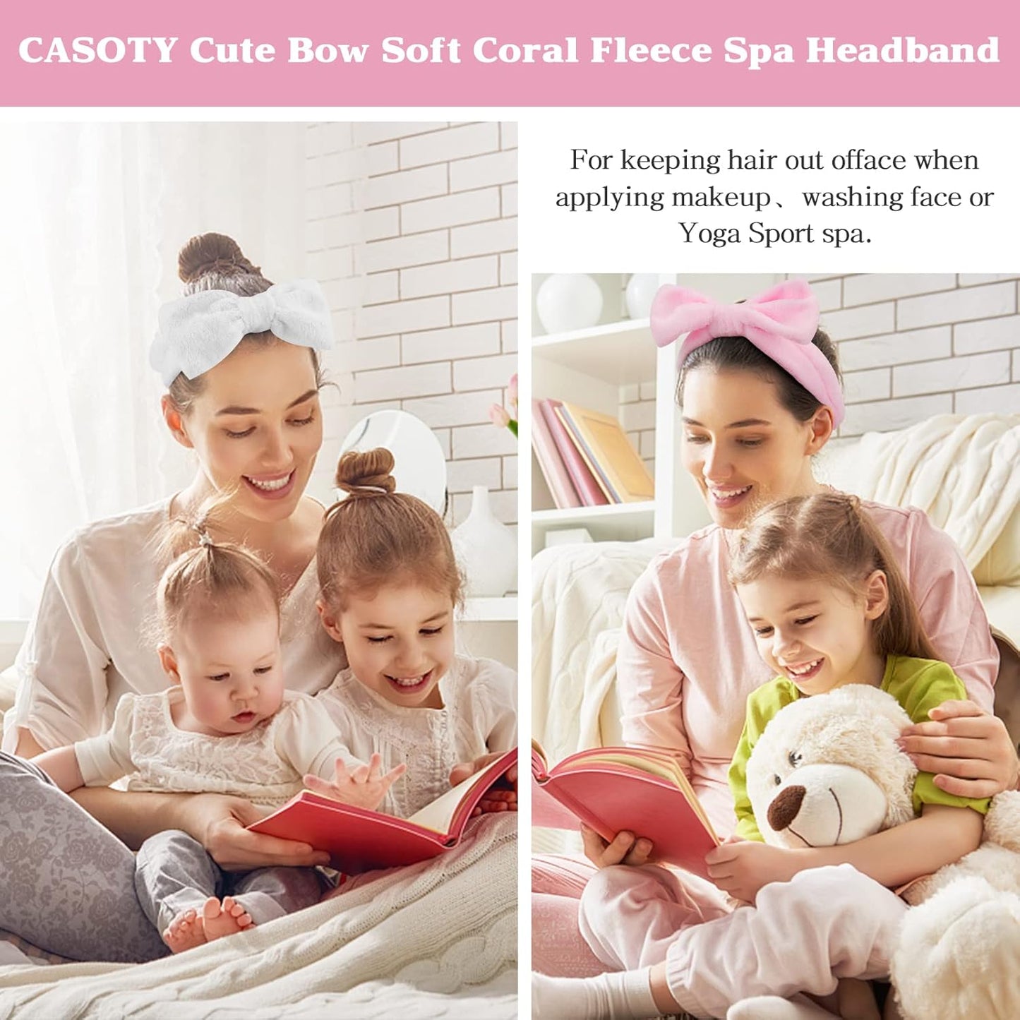 Casoty Spa Headband, 6 Pcs - Soft Coral Fleece Hair Band for Face Washing, Skin Care, Makeup, Shower, Yoga, with Bow Knot, One Size Fits All, Good Elasticity