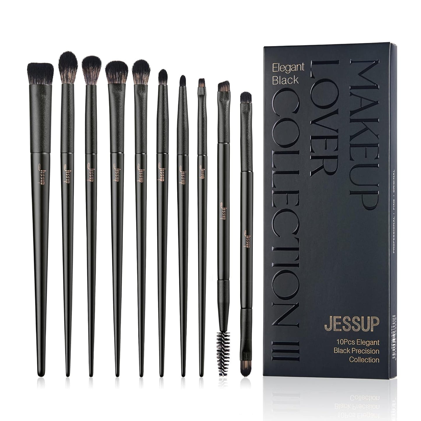 Jessup Eyeshadow Brush Set, 10Pcs Eye Makeup Brushes Professional for Blending Eye Shadow Liner Crease, Duo-end Brow Brush, Elegant Black T337