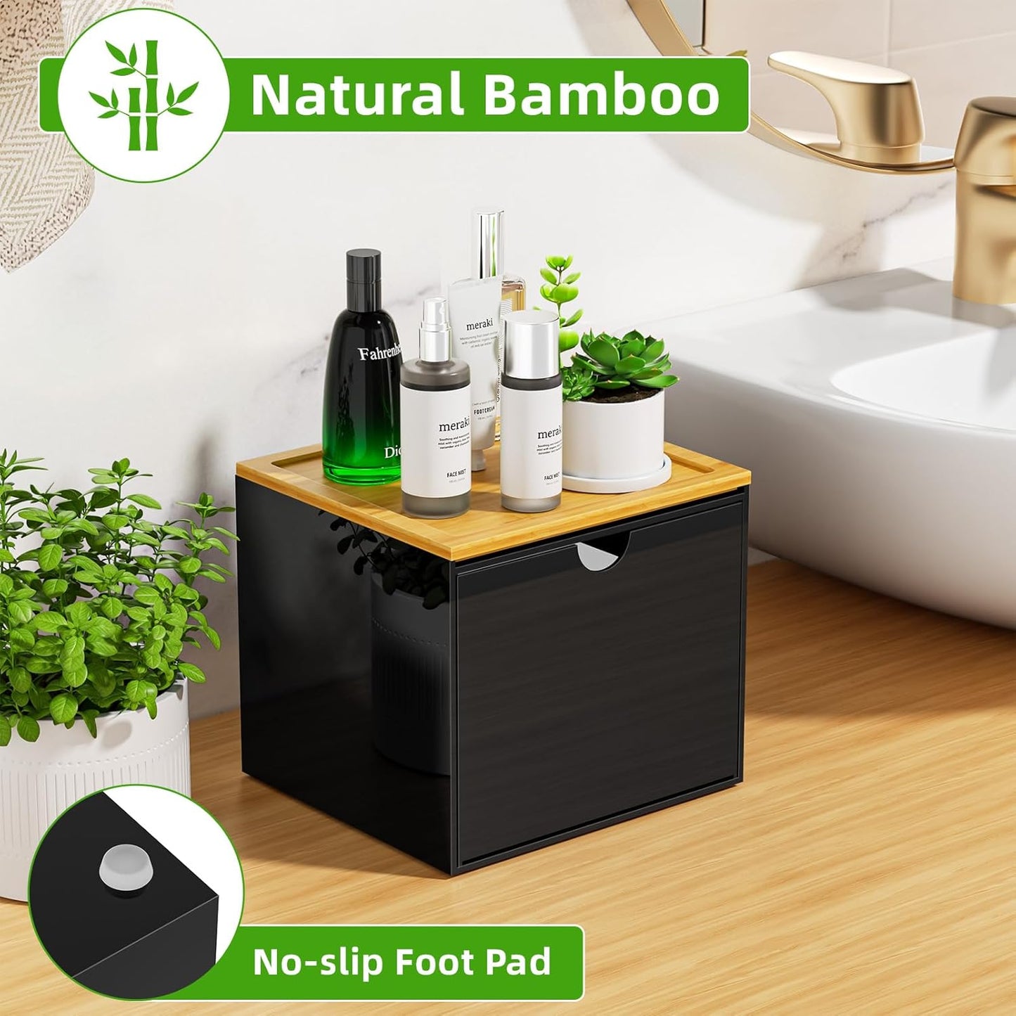 VITVITI Drawer Disposable Face Towel Holder Box, Acrylic Facial Towel Container for XL Clean Skin Club, Large Disposable Face Towels Storage with Bamboo Lid, for Bathroom, Vanity Makeup, Black