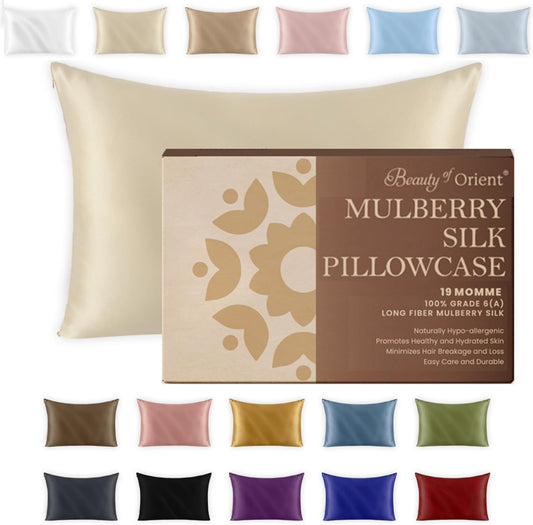 19 Momme Premium Mulberry Silk Pillowcase for Hair and Skin | Handcrafted Hypoallergenic & Anti-Acne 100% Silk Pillow Cases with Zipper | Standard - 20" x 26", Vanilla Ice