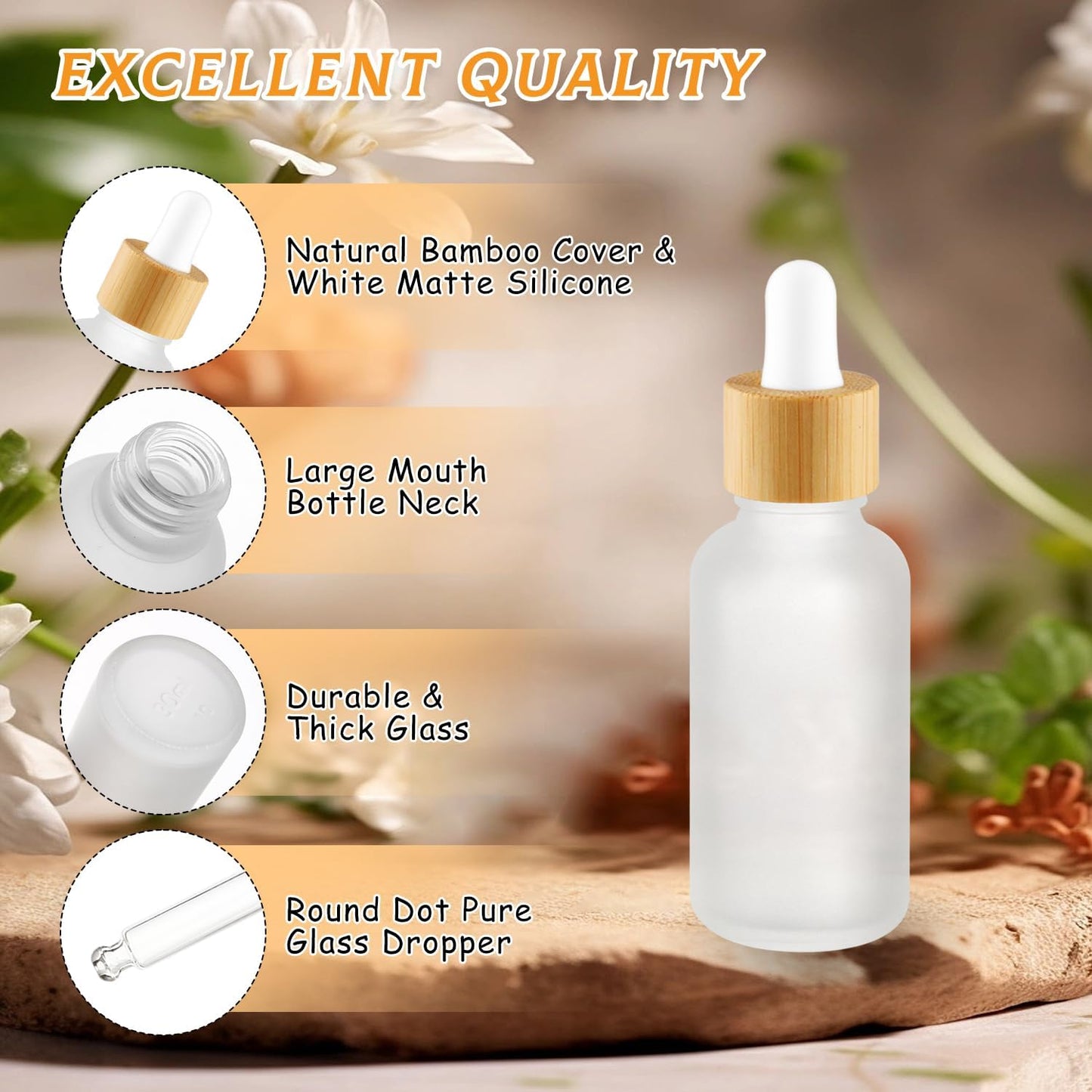 24 Pack 1 oz Frosted Glass Dropper Bottle,Empty Round Boston Travel Bottles With Eye Droppers,Natural Bamboo Dropper Cap for Essential Oils, Tinctures & Perfume,Facial Serums,Massage Oils