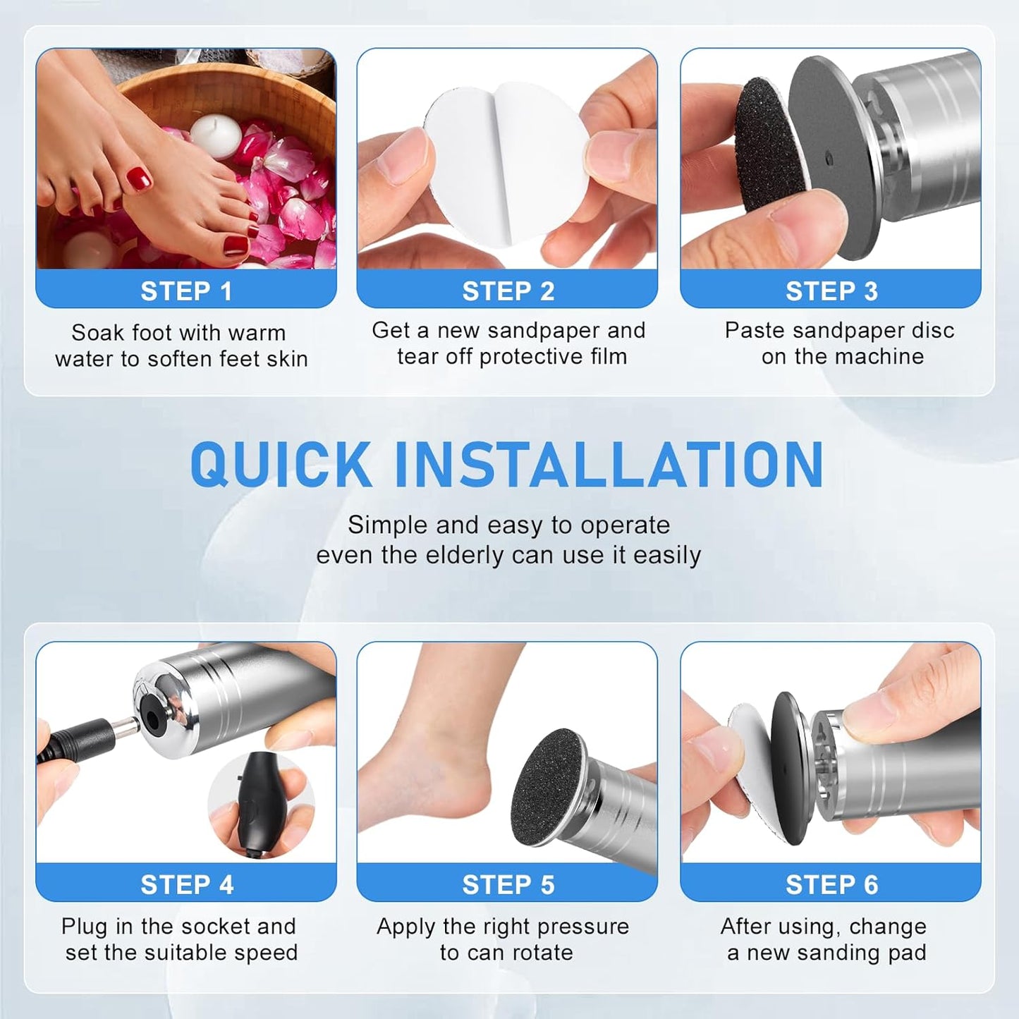 krofaue Electric Foot Callus Remover - Professional Aluminum Foot File with 60pcs Sandpaper Disk, Adjustable Speed Pedicure Tool for Dead Skin at Home Salon