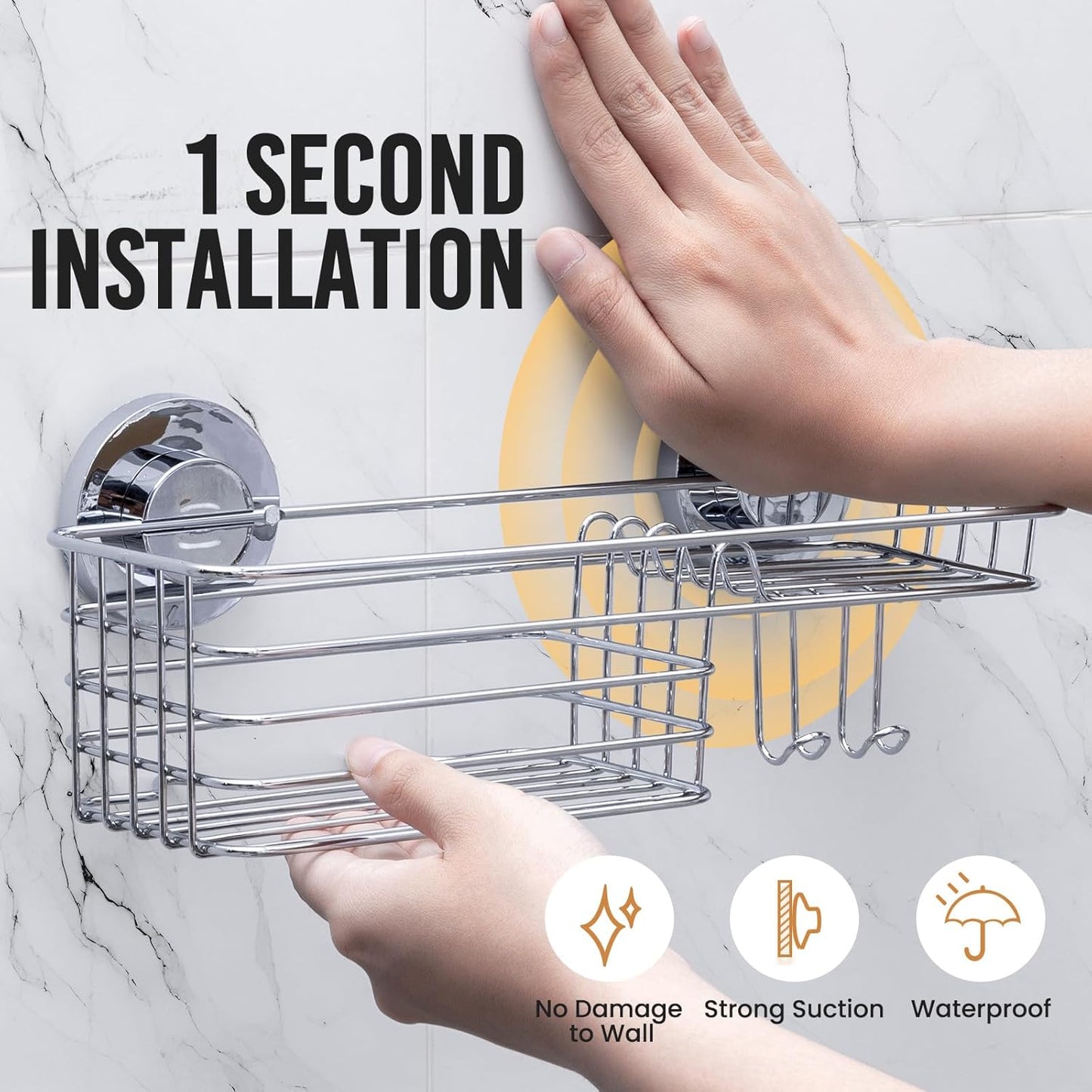 LEVERLOC Shower Caddy Suction Cup, Shelves for Inside with Hooks & Soap Holder Toothbrush Holder, NO-Drilling Bathroom Organizer, Rustproof Holder Storage, Silver