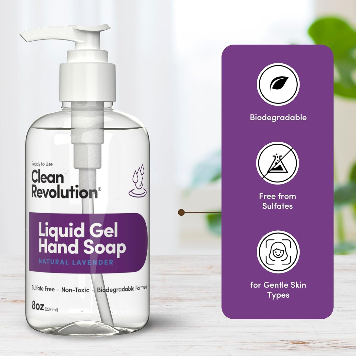 Clean Revolution Liquid Gel Hand Soap, Silky Rich Liquid, Quick Lather, Fast Rinsing, Contains Real Essential Oils (Natural Lavender) 8 Fl Oz