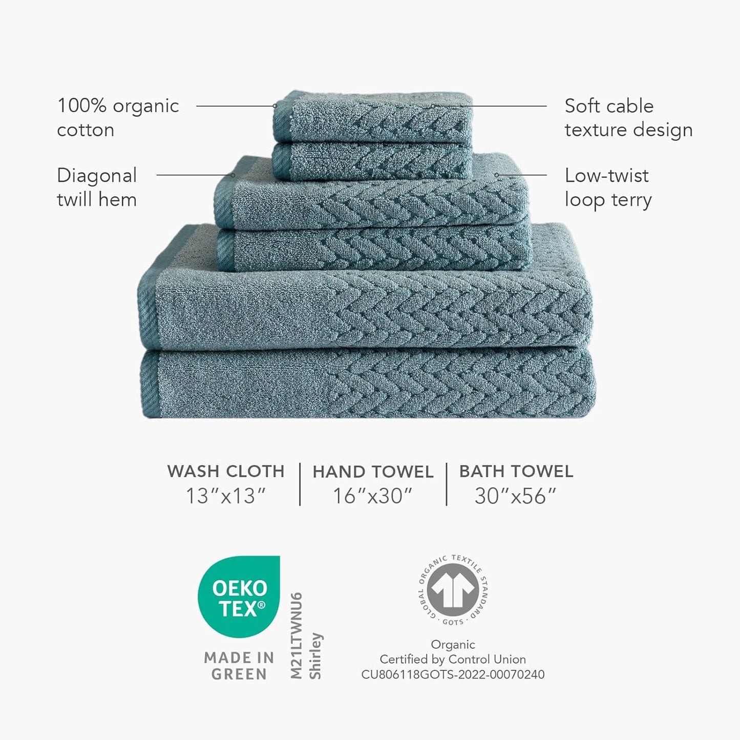 Texere 100% Organic Cotton Jacquard 650 GSM Premium Bath Towel Sets - Extra Absorbent Quick Dry Towel Wrap (Cable, Granite, 4 Bath Towels)