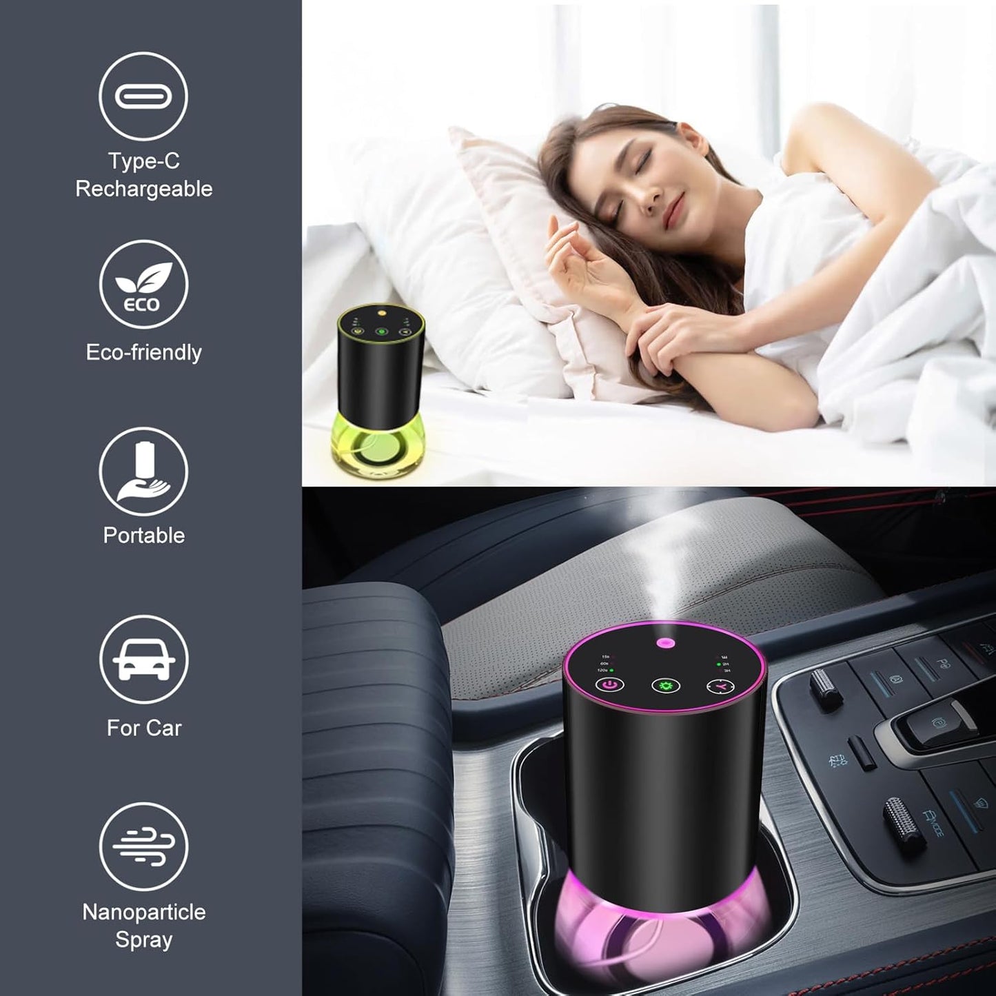 Waterless Essential Oil Diffuser Aromatherapy Scent Diffusers for Home Large Room, Bedroom, Car, Office, Desk, Battery Operated Mini Portable Air Freshener (Black-Glass)