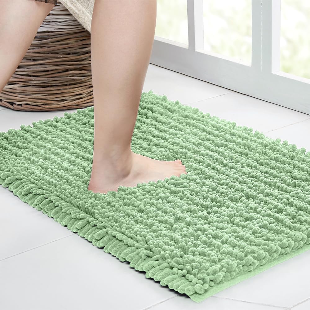 Walensee Bathroom Rug Non Slip Bath Mat (36x24 Inch Sage Green) Water Absorbent Super Soft Shaggy Chenille Machine Washable Dry Extra Thick Perfect Absorbant Best Large Plush Carpet for Shower Floor