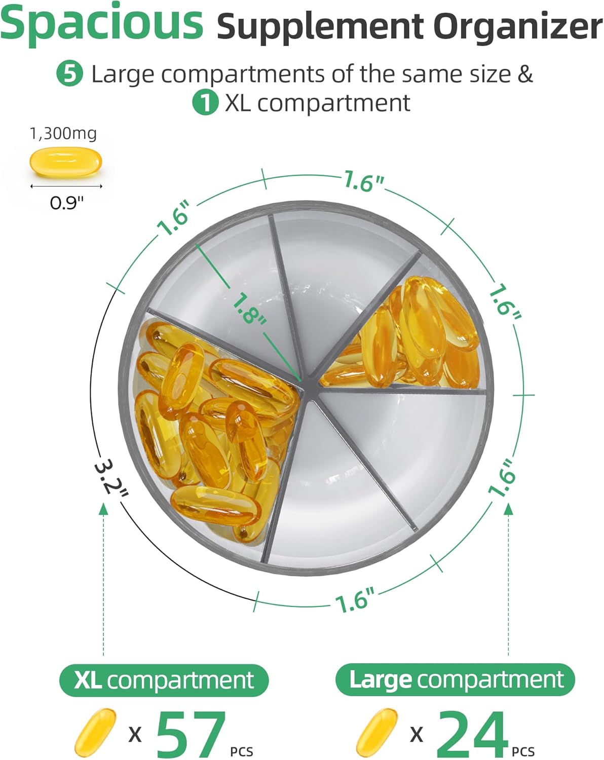 PULIV Large Supplement Organizer Bottle, Holds Plenty of 6 Various Vitamins in 1 Pill Dispenser with Anti-Mixing & Wide Openings Design, Easy to Retrieve Meds, Includes 20 Pcs Stick-on Labels Gray
