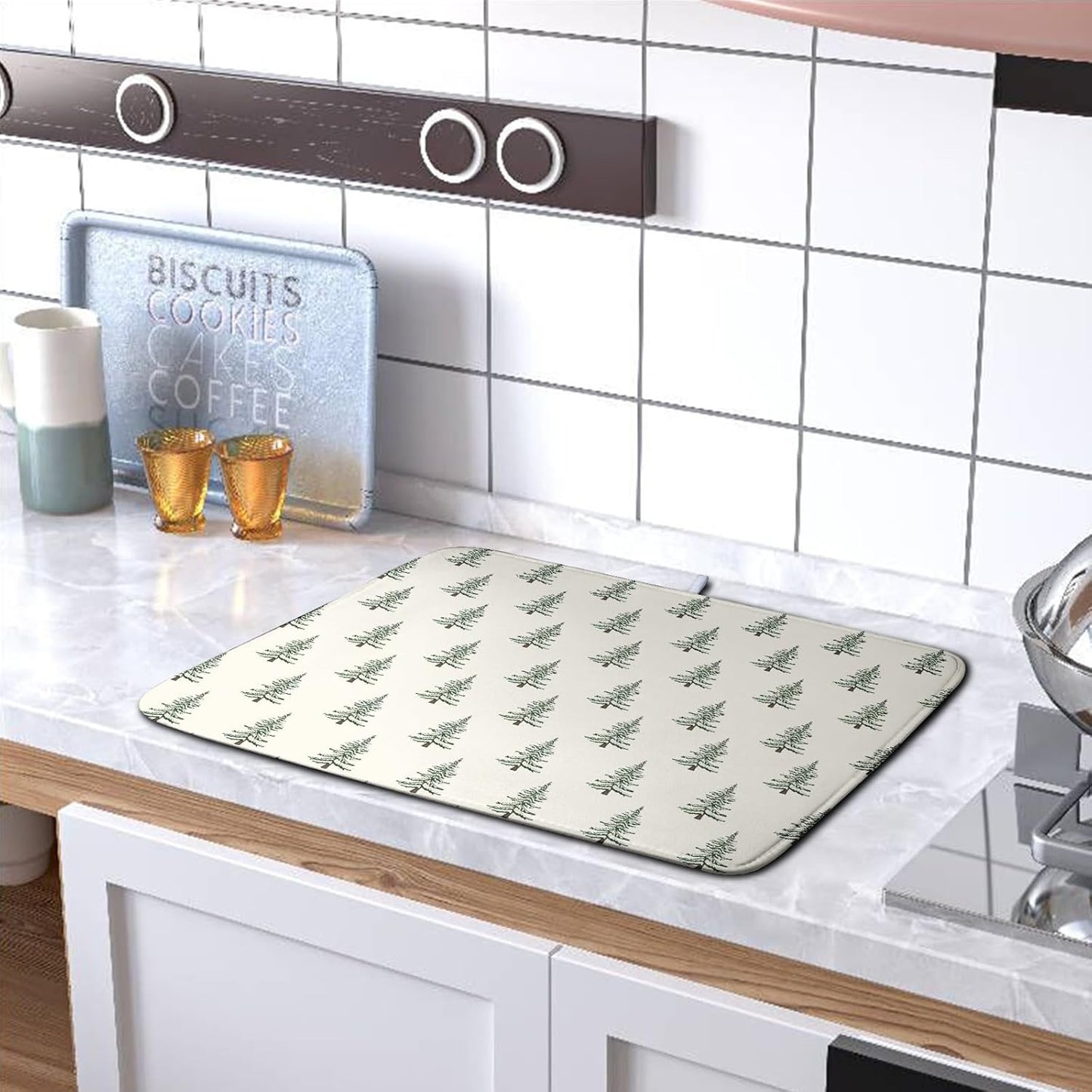 Christmas Tree Dish Drying Mat Winter Xmas Holiday Drying Mats Microfiber Absorbent Dishes Drying Pad Reusable Washable Kitchen Countertop Protector Dish Drainer Rack Mat 18x24 Inch