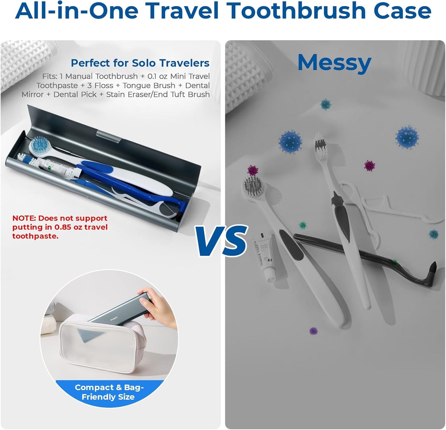 Wider Aluminum Toothbrush Travel Case, Portable Travel Toothbrush Holder, Durable Manual Toothbrush Box Container for Traveling, Bathroom, Camping, Business Trip, Gray Blue
