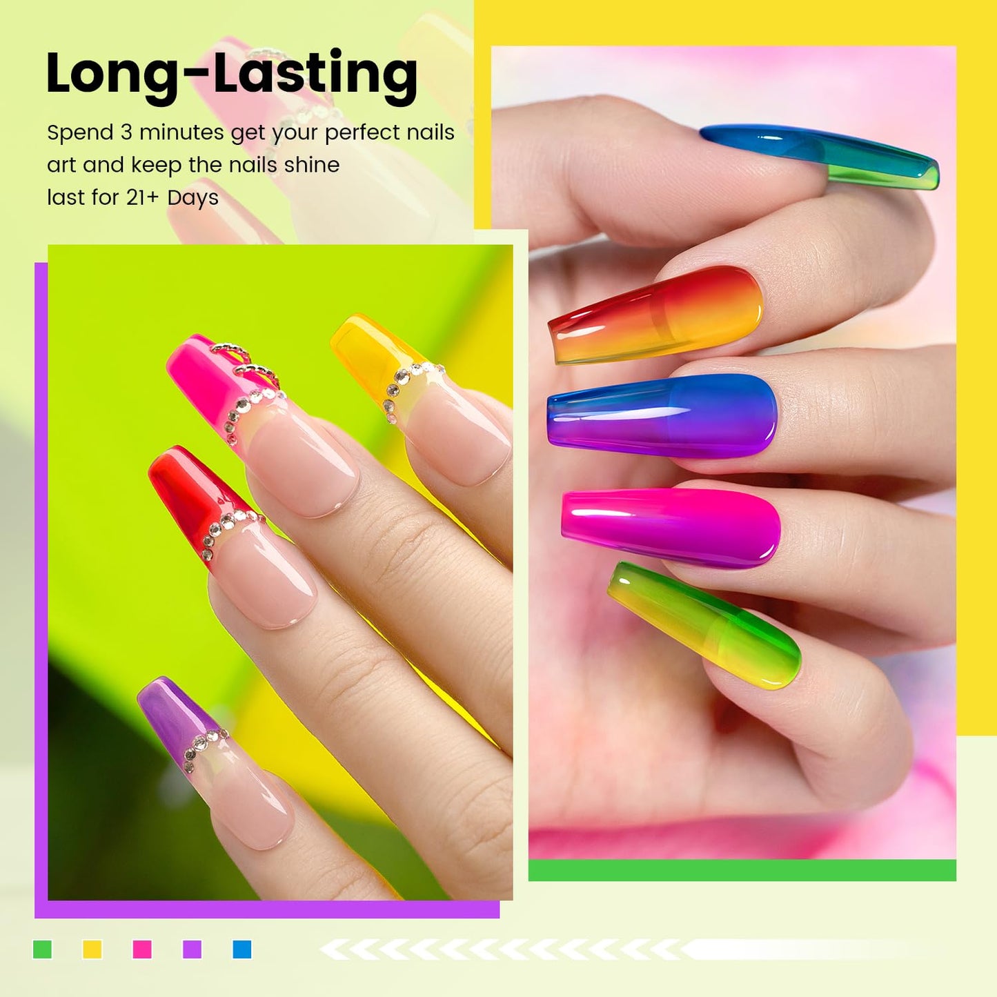 RARJSM Neon Jelly Gel Nail Polish Set 6pcs Clear Crytal Glass Yellow Blue Green Red Pink Purple Transparent Sheer Gel Varnish LED UV Curing Requires French Manicure Soad off Summer Iridescent Colors