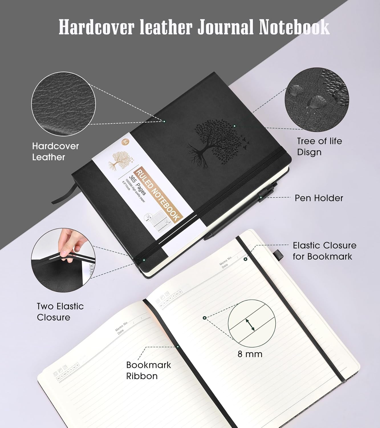 Lined Journal Notebook, 365 Pages A4 Large Journals for Writing Ruled Notebook, Hardcover Leather Journal for Women Men, Daily Notebook for Work, Note Taking, 100Gsm Thick Paper (8.5" x 11" Blcak)