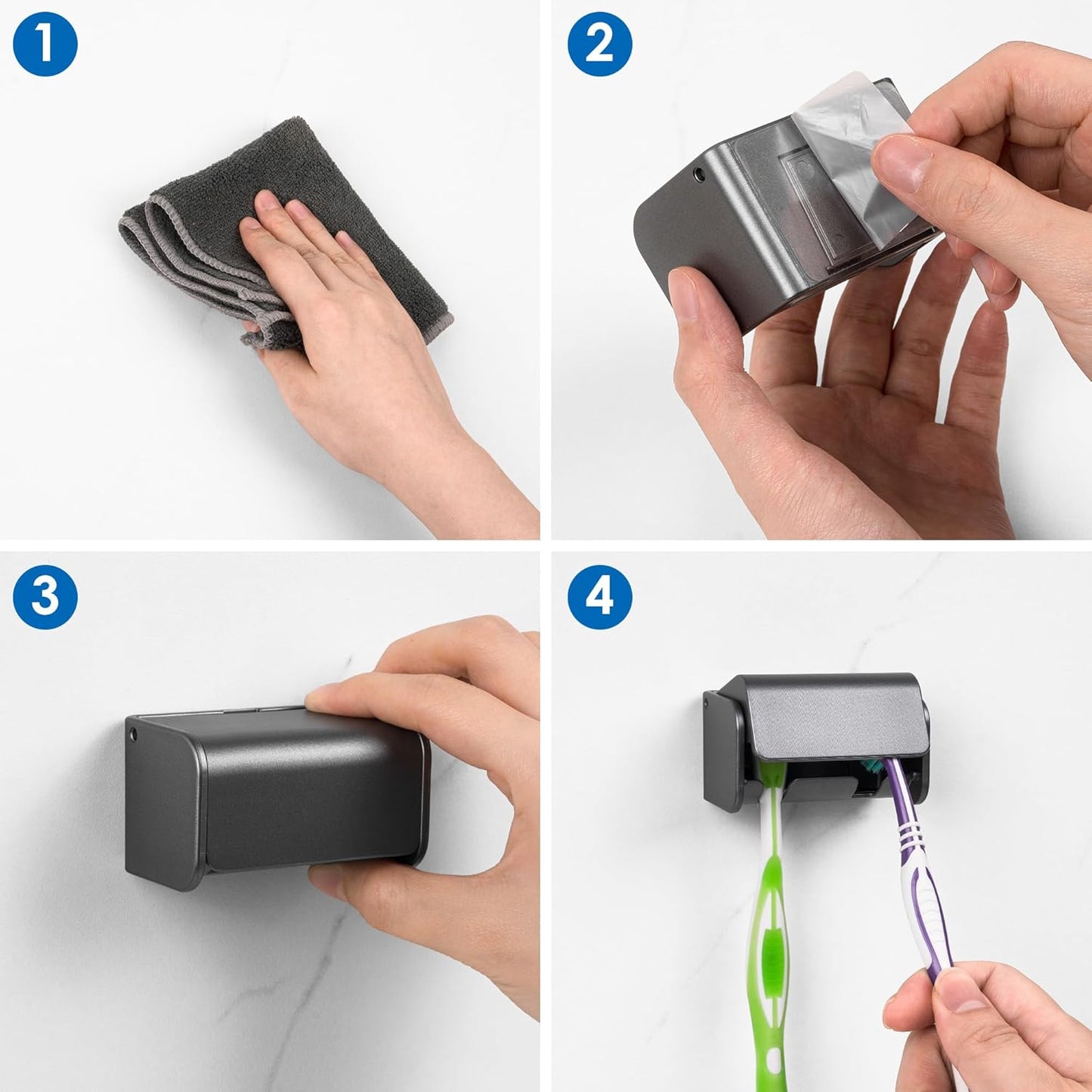 Toothbrush Holder Wall Mounted with Cover for Bathroom, 2 Slots Toothbrush Storage Organizer for Shower, Self Adhesive Toothbrush Hanger Rack for Dorm, Cabinet (Brushed Grey)