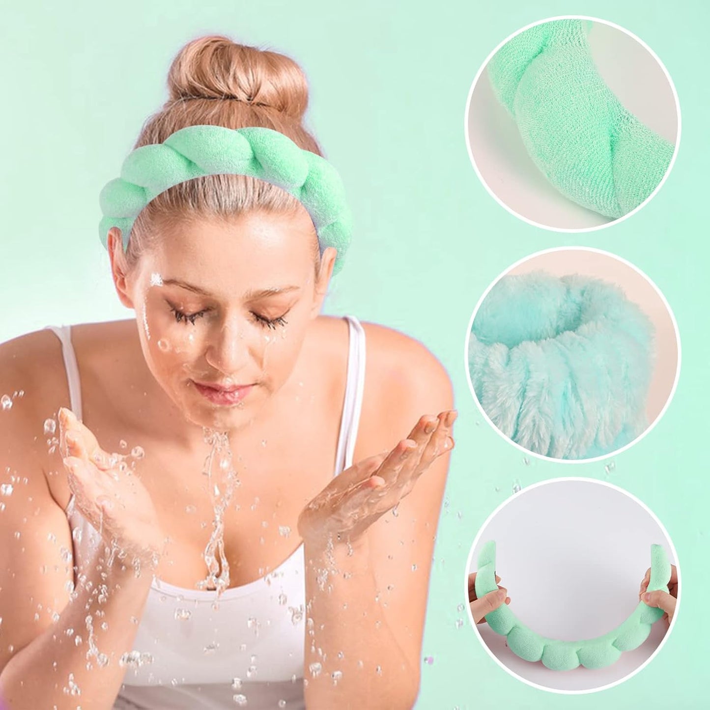 WSICSE Sponge Spa Headband for Women, Green Makeup Headband and Wrist Washband Set for Face Washing, Skincare, Shower, Makeup Removal