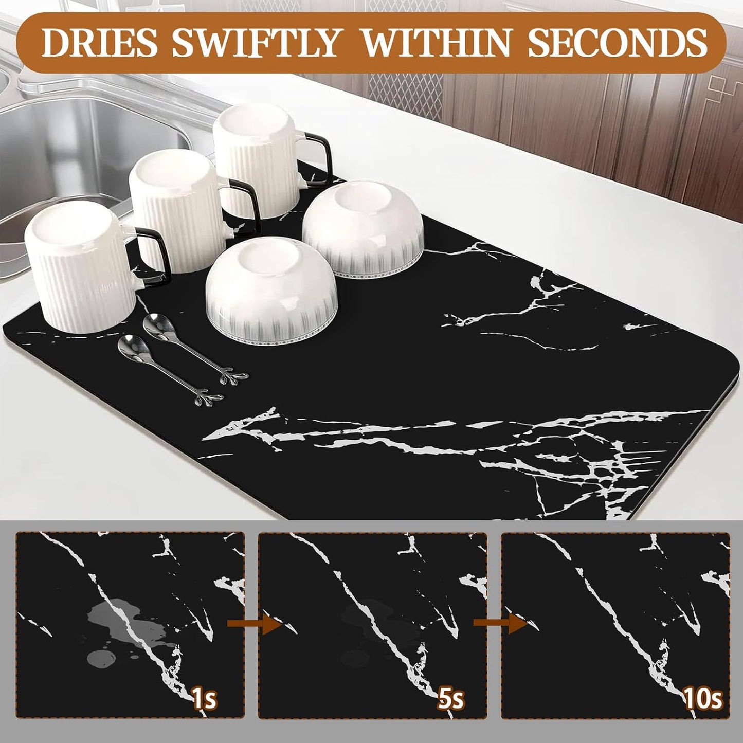 Dish Drying Mat for Kitchen Counter, 24"x16" Coffee Mat Bar Accessories, Hide Stain, Rubber Backed, Absorbent, Fit Under Coffee Maker, Espresso Machine, Pot, Dish Rack (Black)