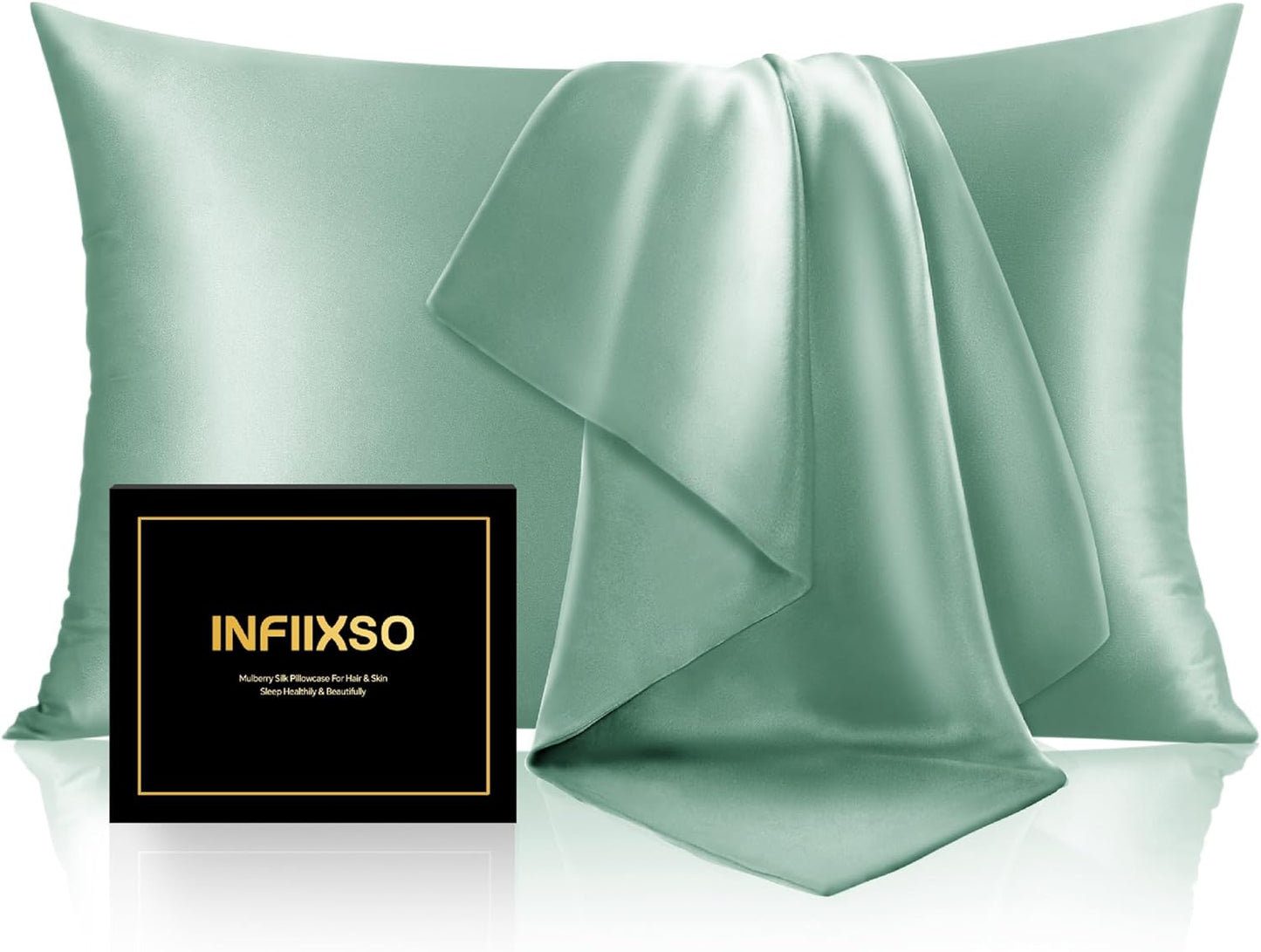 INFIIXSO Silk Pillow Cases 2 Pack Standard Size, Ultra Smooth & Soft Mulberry Silk Pillow Case for Hair and Skin, Breathable Cooling Silk Pillowcase with Hidden Zipper (Mint Green, 20x26 Inches)
