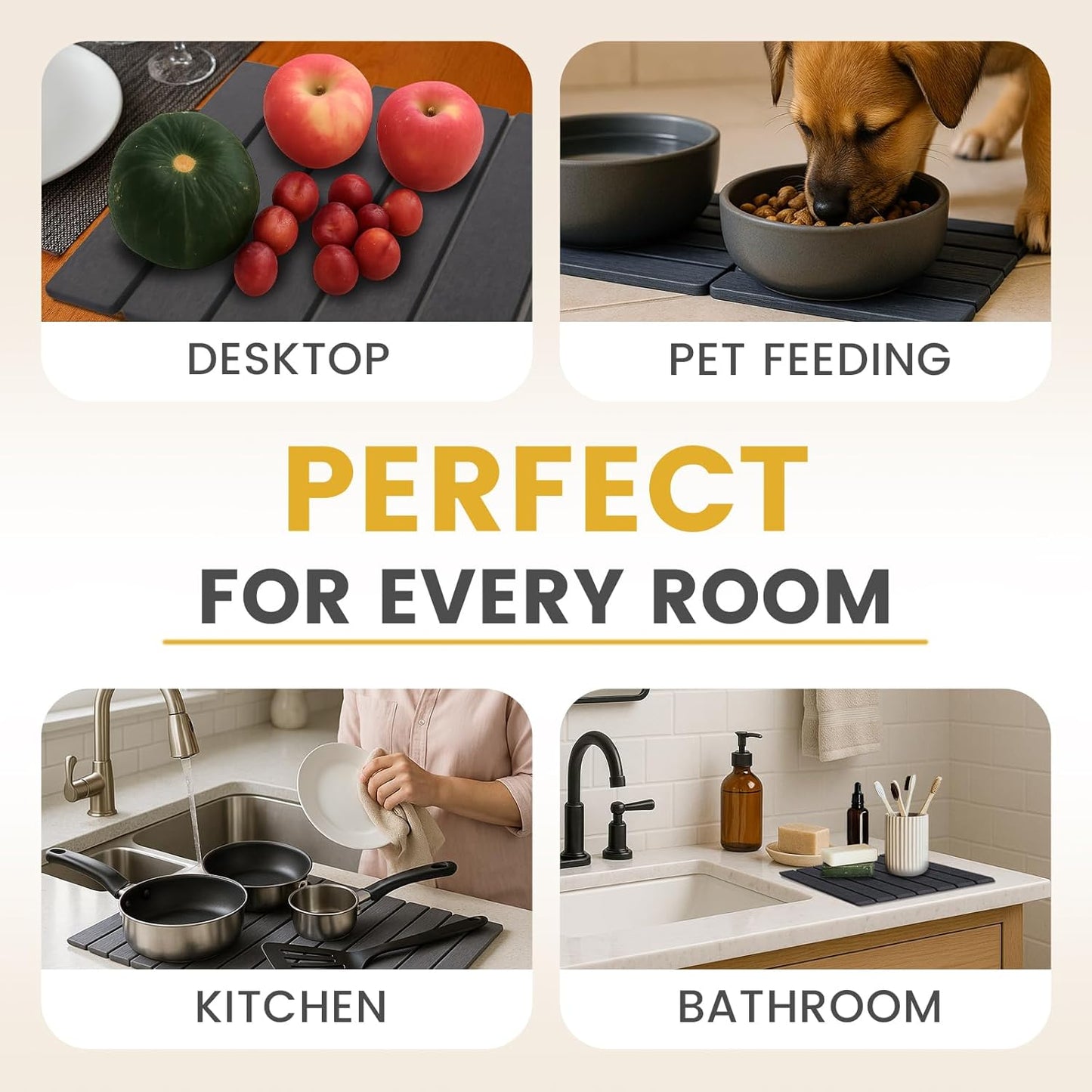 2 PCS Stone Dish Drying Mats for Kitchen Counter, Foldable Non-Slip Diatomaceous Earth Pad Set (12"x16" Each, Gray) - Super Absorbent Quick Dry Mat for Kitchen & Bathroom Counter, Sink - Dishes Cups