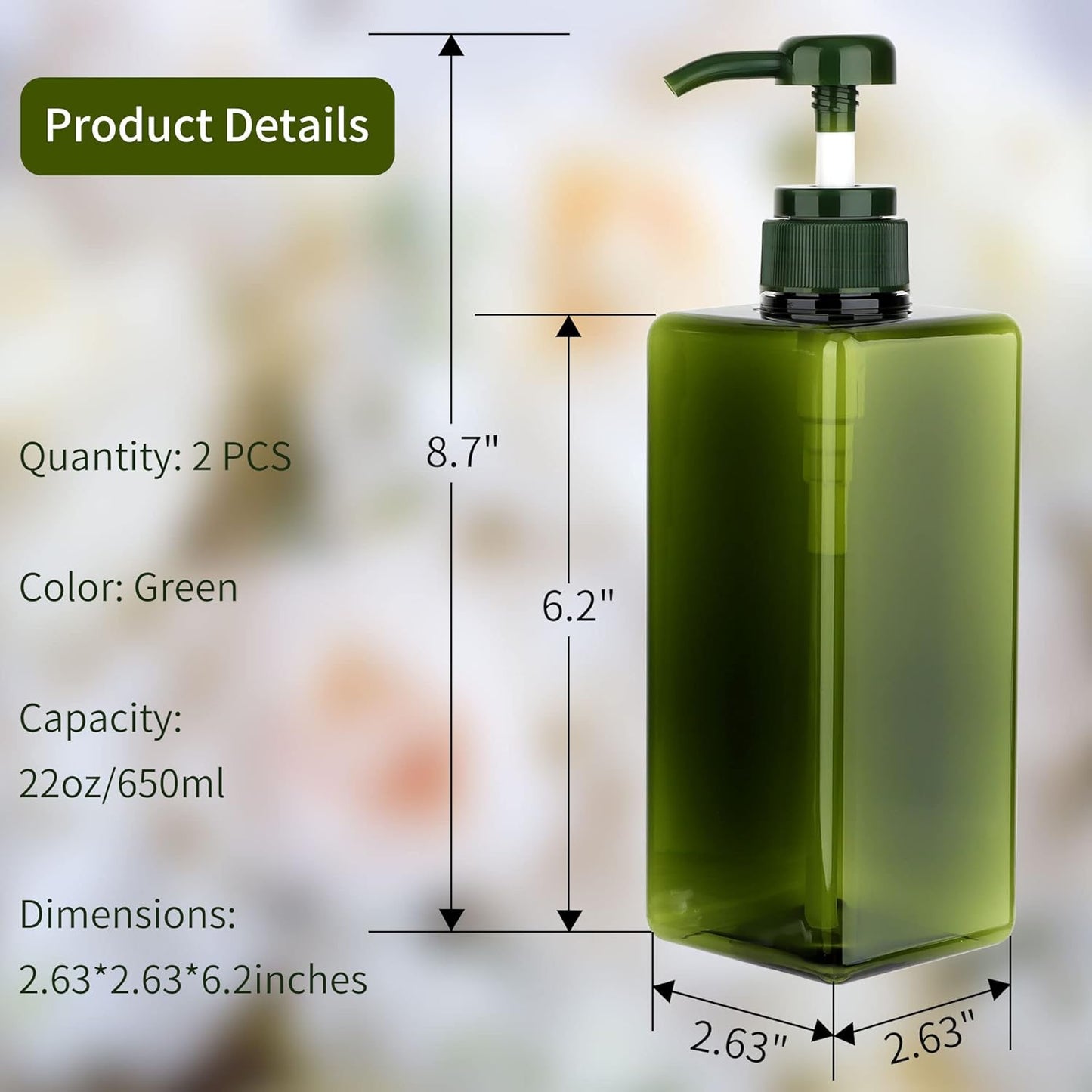 Pump Bottle Dispenser 22oz/650ml Jansburg 2Pack Refillable Square Plastic Lotion Dispenser Empty Lotion Pump Bottle for Essential Oil Lotion, Shampoo, Bathroom Travel Green