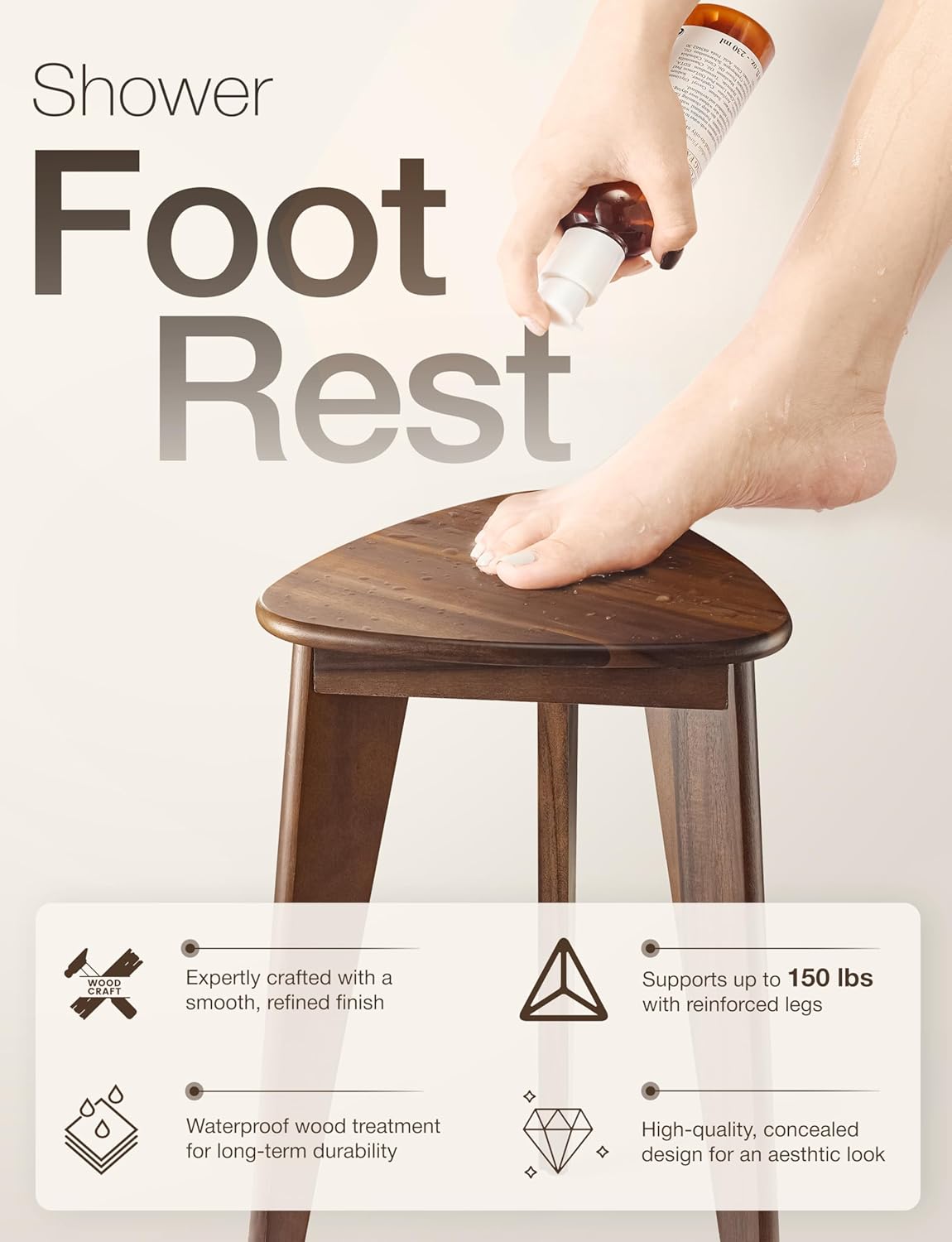 HOLANA 18" Corner Shower Foot Rest - Wooden Showers Stool Seat for Shaving Legs - Small Corner Shower Benches for Inside Shower - Waterproof Bath Step Stools Bench for Bathroom (Height - 18in, Walnut)