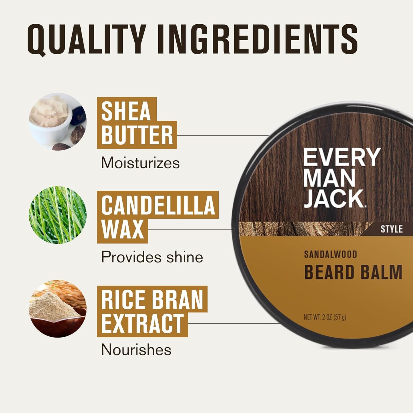 Every Man Jack Sandalwood Beard Balm - Moisturize, Strengthen And Style Your Beard w/Medium Hold - Made w/Naturally Derived Ingredients like Candelilla Wax and Shea Butter- 2oz - 2 Pack