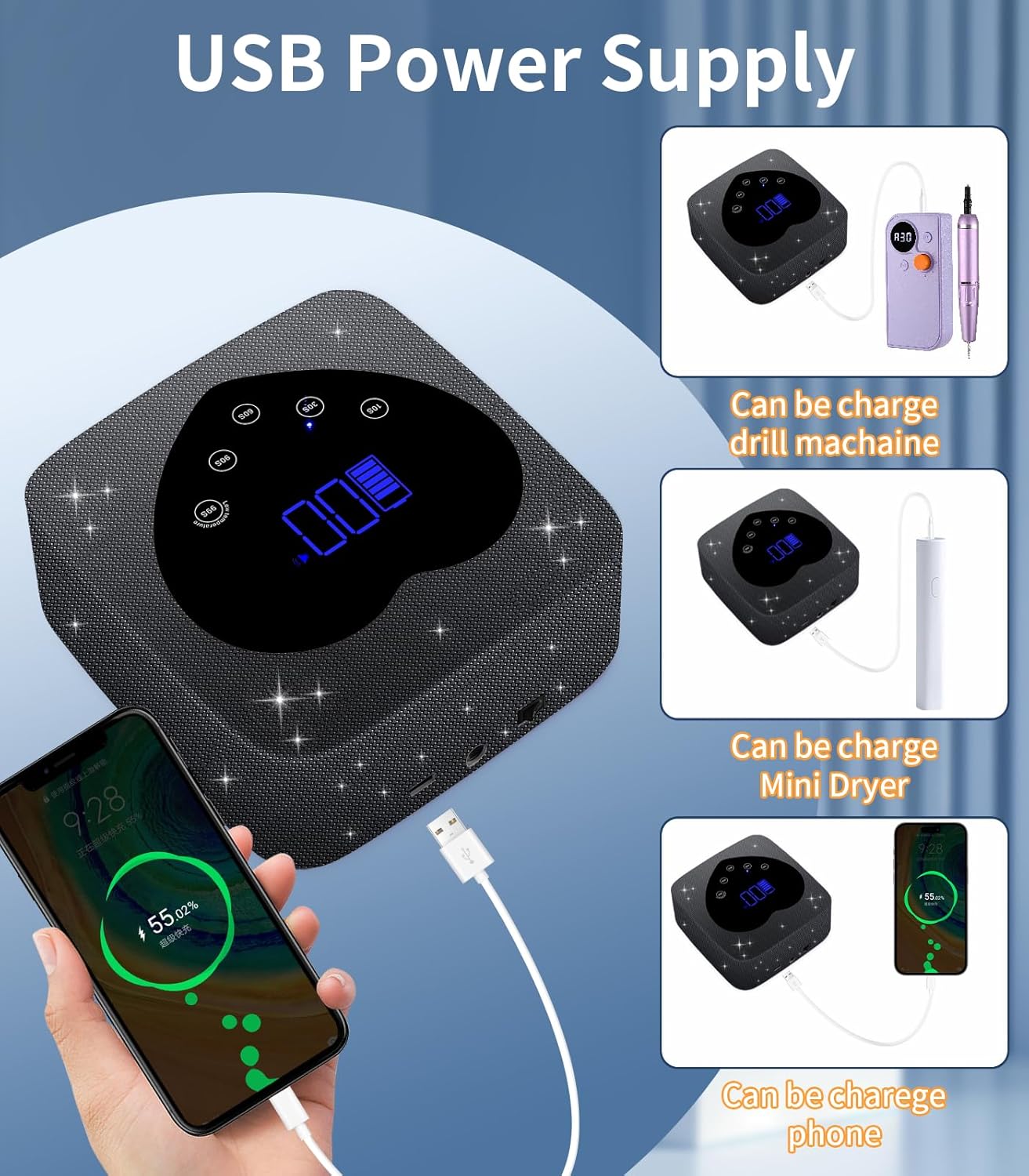 UV Light for Nails, Cordless UV Nail Lamp 72W, Rechargeable Black Diamond LED Dryer with 5 Timer Setting, Touch Control & Auto Sensor, Fast Light Curing Lamp for Salon & Home