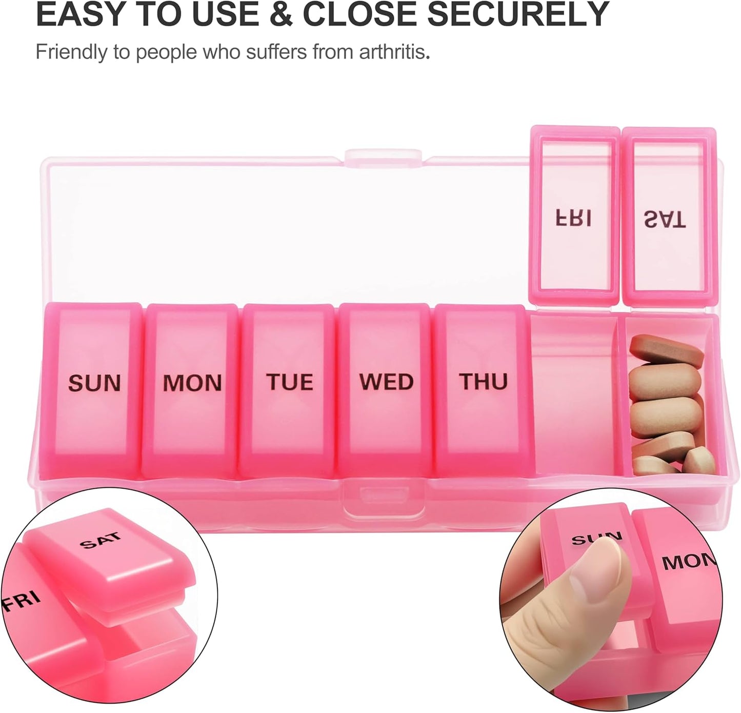 Silicone Weekly Pill Organizer 7 Day, Arthritis-Friendly Medicine Box Daily Pill Box, Large Medicine Case with Shell, Compact Travel Pill Container for Pill, Vitamin, & Fish Oil (Pink)