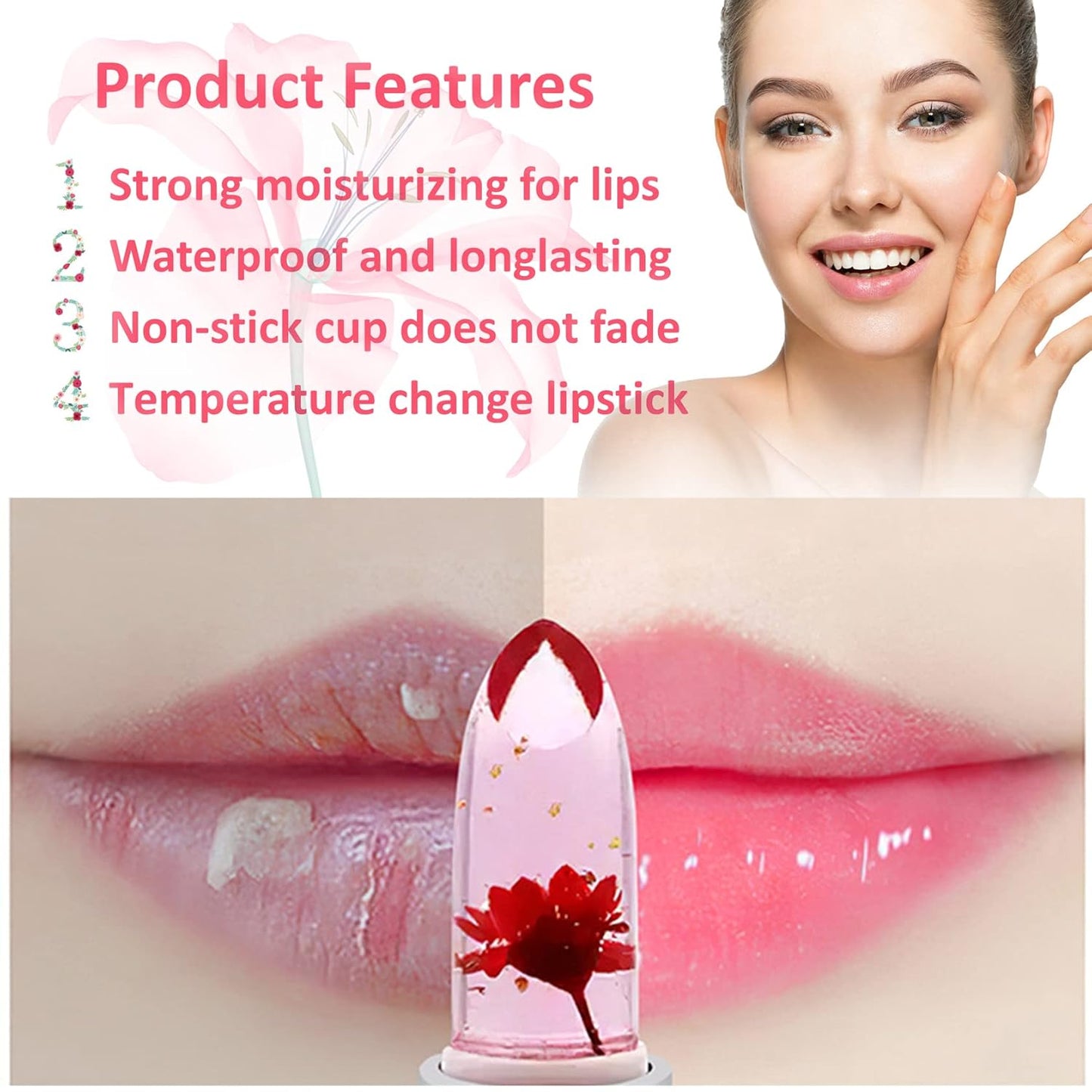6 Pack Crystal Flower Jelly Lipstick,Magic Color Changing Lipstick,PH Clear Temperature Color Changing Lip Gloss,Lip Balm,Long Lasting Nourishing Moisturizing Lip Stick Set I