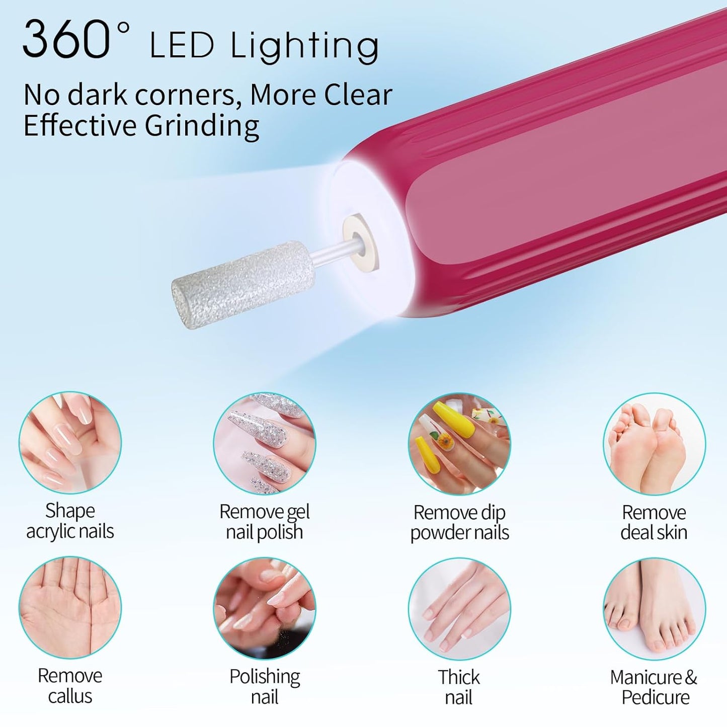 Professional Manicure Pedicure Kit -360° Light, Rechargeable Electric Nail Drill, Cordless Electric Nail File Set, 3 Speeds Hand Foot Care Nail Drill for Thick Nail Toenail Cuticle,Red