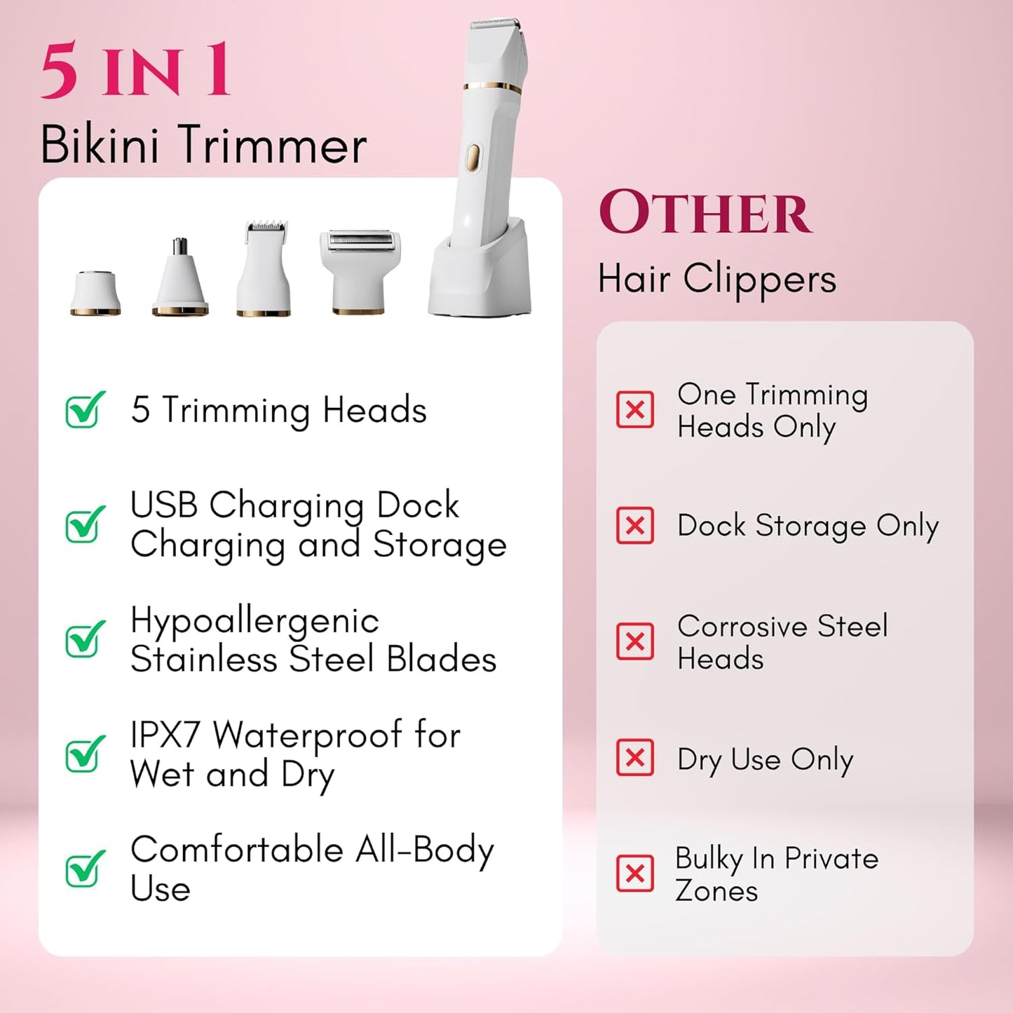 5-in-1 Bikini Trimmer Electric Razors with USB Cord, Excellent Facial Hair Elimination, Wet/Dry Body Shaver for Nose, Eyebrows, Beard, Leg, and Arm, IPX7 Waterproof (White)