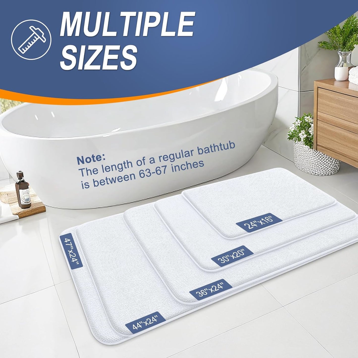 OLANLY Thick Memory Foam Bath Mat Rug 44x24, Extra Soft Absorbent Bathroom Rug, Quick Dry Bath Mats, Non-Slip, Machine Washable Carpet for Bathroom, Tub and Shower, Home Decor Accessories, White